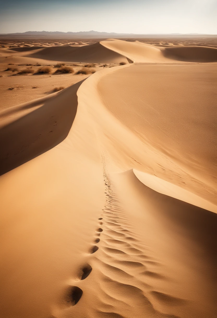 A dusty desert road stretching into the distance, framed by towering sand dunes and a clear blue sky.