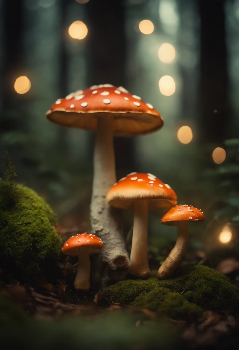 A whimsical, fairytale-inspired scene set in a magical forest, where vibrant mushrooms dot the forest floor and woodland creatures adorn the trees with twinkling lights