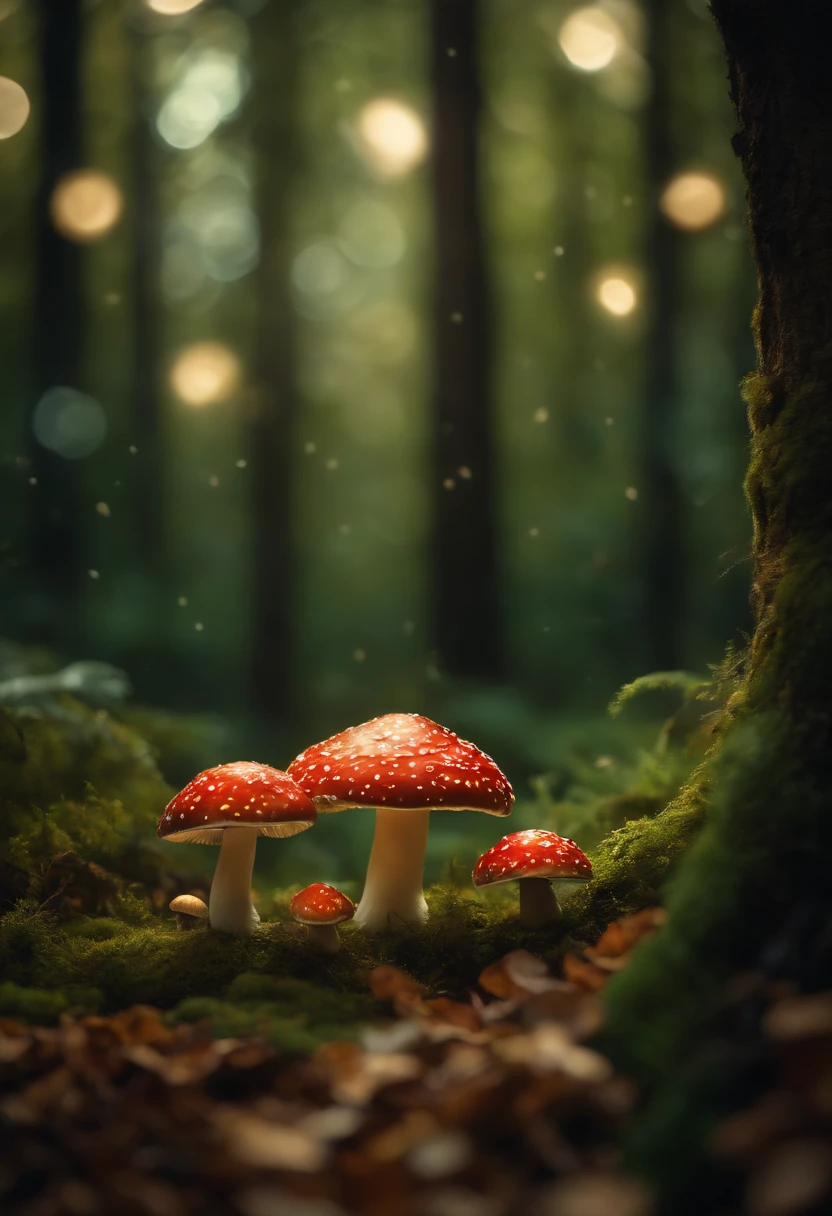 A whimsical, fairytale-inspired scene set in a magical forest, where vibrant mushrooms dot the forest floor and woodland creatures adorn the trees with twinkling lights