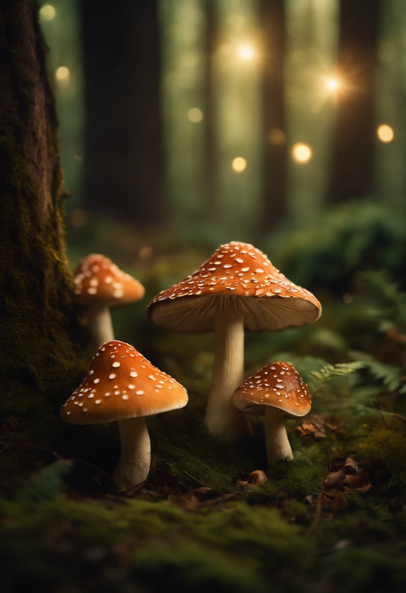 A whimsical, fairytale-inspired scene set in a magical forest, where vibrant mushrooms dot the forest floor and woodland creatures adorn the trees with twinkling lights