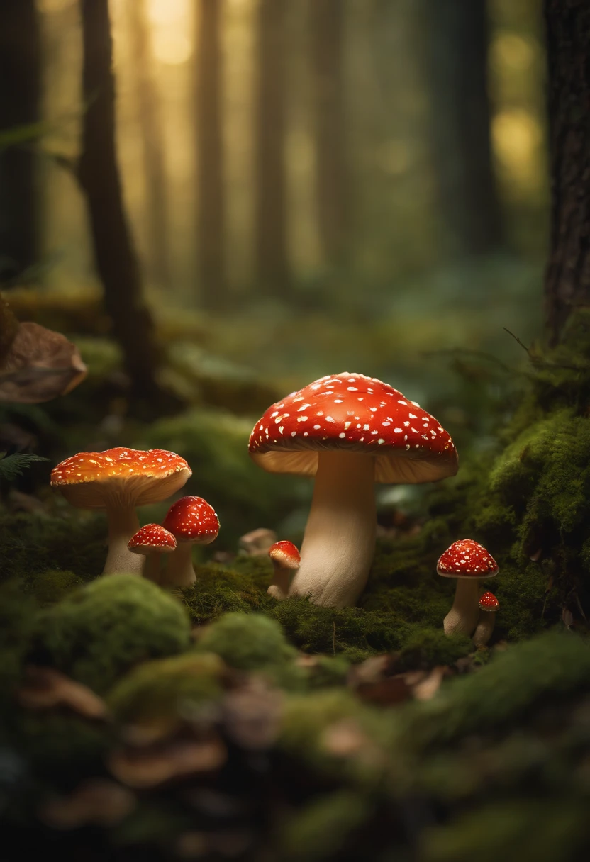 A whimsical, fairytale-inspired scene set in a magical forest, where vibrant mushrooms dot the forest floor and woodland creatures adorn the trees with twinkling lights