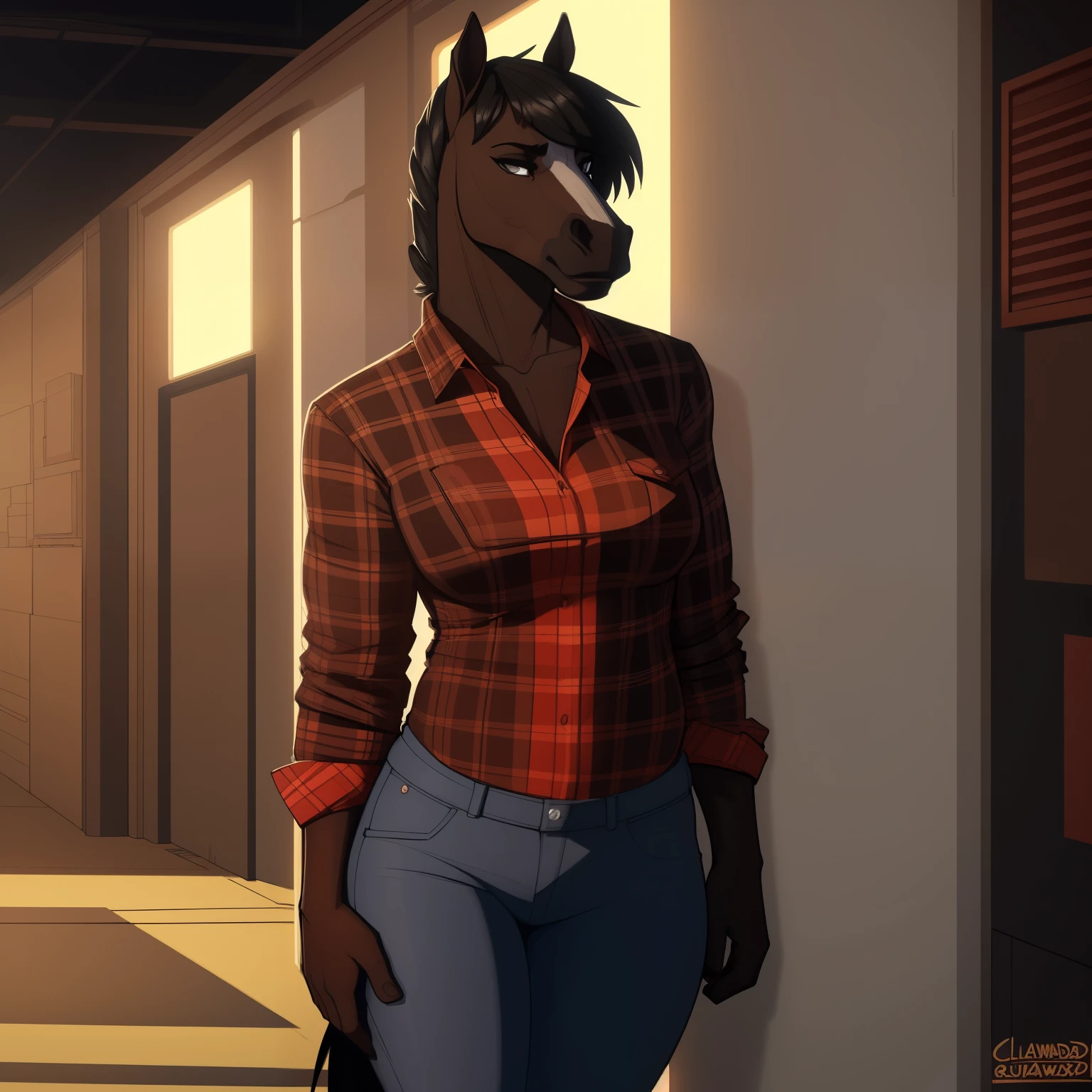 Broad_muscular_horse female solo black_hair tomboy_haircut dark_brown_furry_body grey_eyes Masterpiece best_quality absurdres highly_detailed jeans flannel_shirt cleanly_drawn_eyes anthro_only by_claweddrip, by_greasymojo, by_underscore-b, by_runawaystride horse_snout