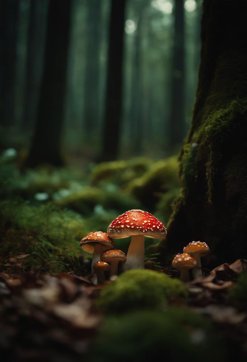 A whimsical, fairytale-inspired scene set in a magical forest, where vibrant mushrooms dot the forest floor and woodland creatures adorn the trees with twinkling lights