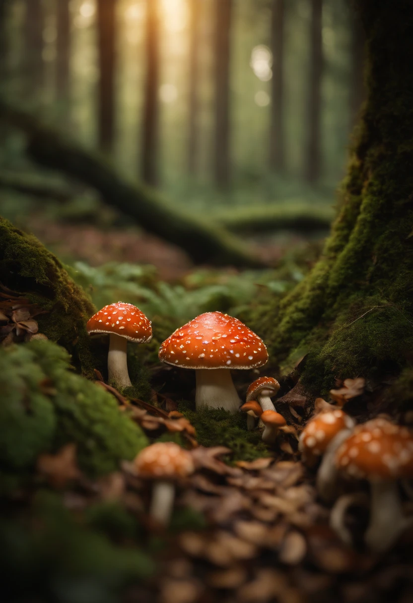 A whimsical, fairytale-inspired scene set in a magical forest, where vibrant mushrooms dot the forest floor and woodland creatures adorn the trees with twinkling lights