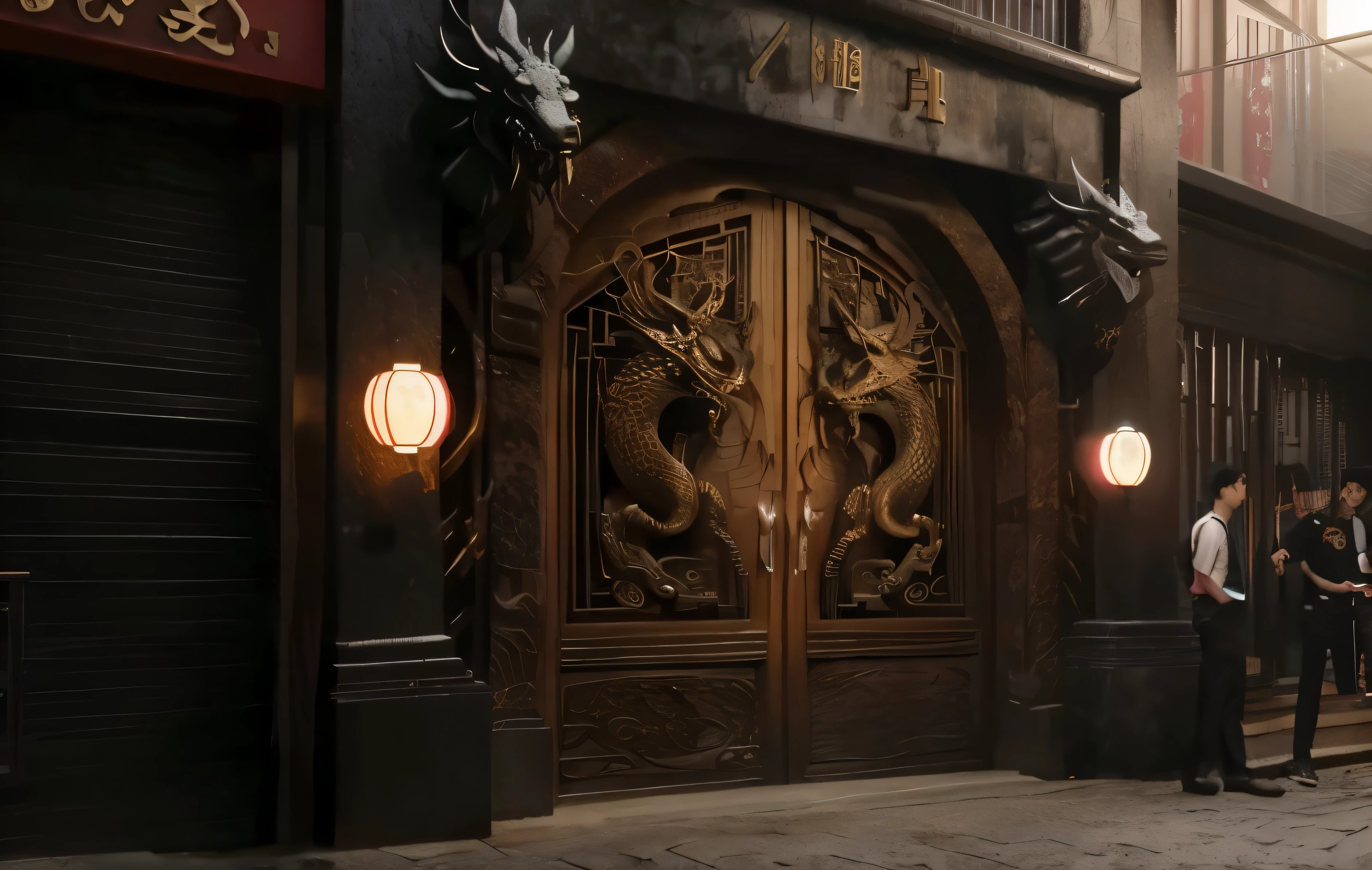 people outside a building with a dragon door, inspired by Kanō Hōgai, chinese dragons fighting, Cyberpunk Chinese Ancient Castle, inspirado por Li Gonglin, Directed by: Han Gan, detalhes intrincados. Motor irreal, Chinese dragon concept art, inspirado em Zhang Sengyao, China Cidade Blade Runner, Directed by: Li Zai, dramatic entry, Fantasia chinesa, Weta Office. mudar ornamento de dentro da porta de madeira. put 2 security guards in black suits at the door