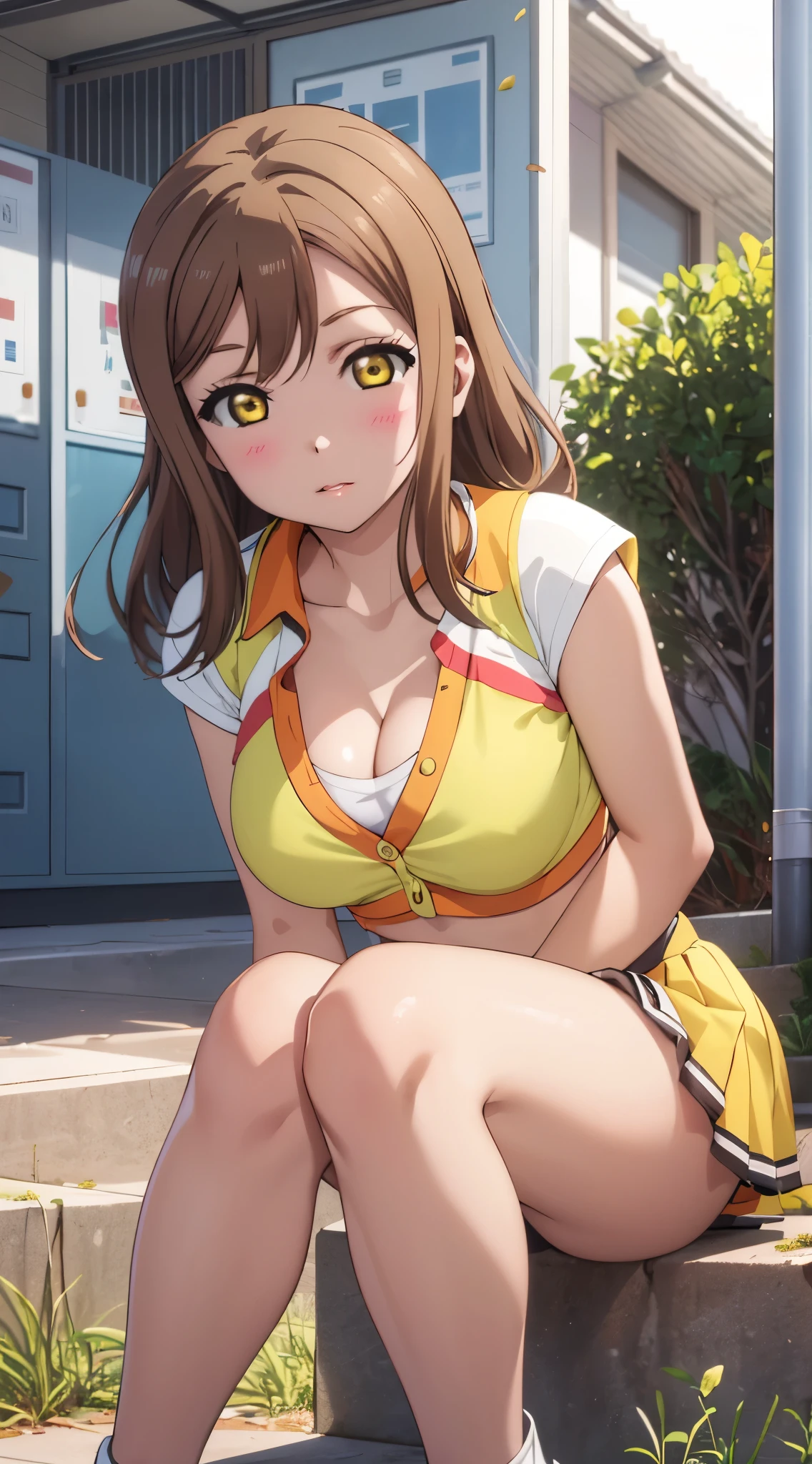 (pixel-perfect, detail-perfect), solo, 1girl, highly detailed, absirdres, masterpiece, illustration, game cg, hanamaru kunikida, blush, beautiful detailed eyes, amber eyes, cheerleader, midriff, (cleavage), glossy lips, lips parted, school yard, sitting, (knees bent:1.2)