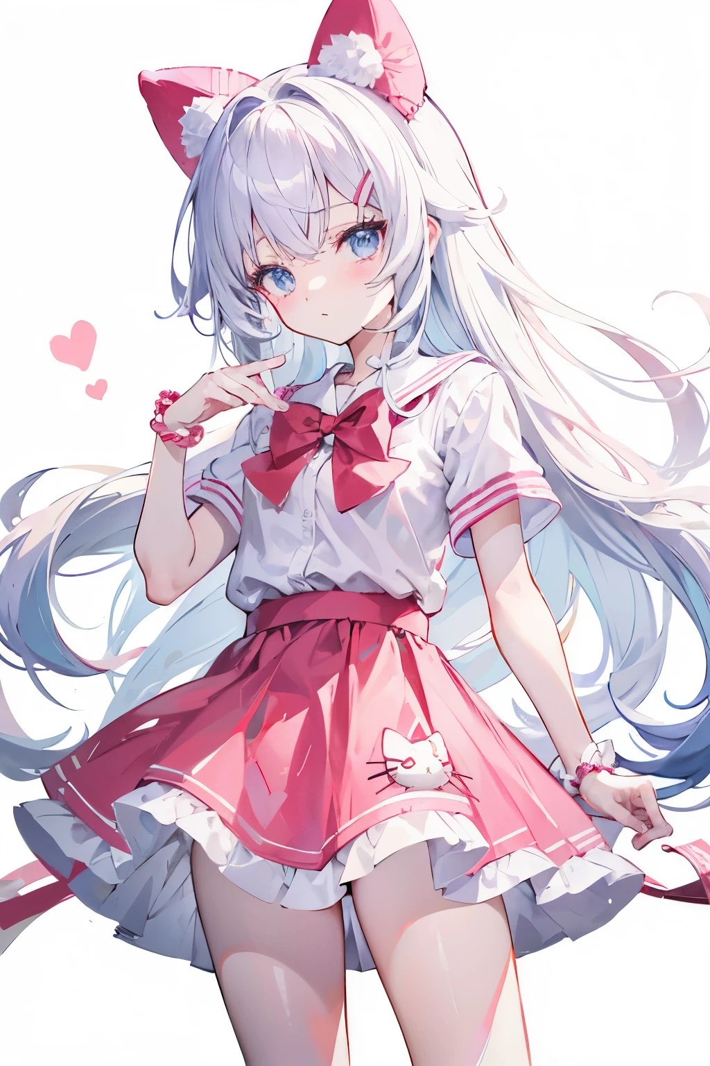 if hello kitty was a short height small chest cosplaying cute white long hair with hello kitty design ribbon anime girl wearing school uniform. white background
