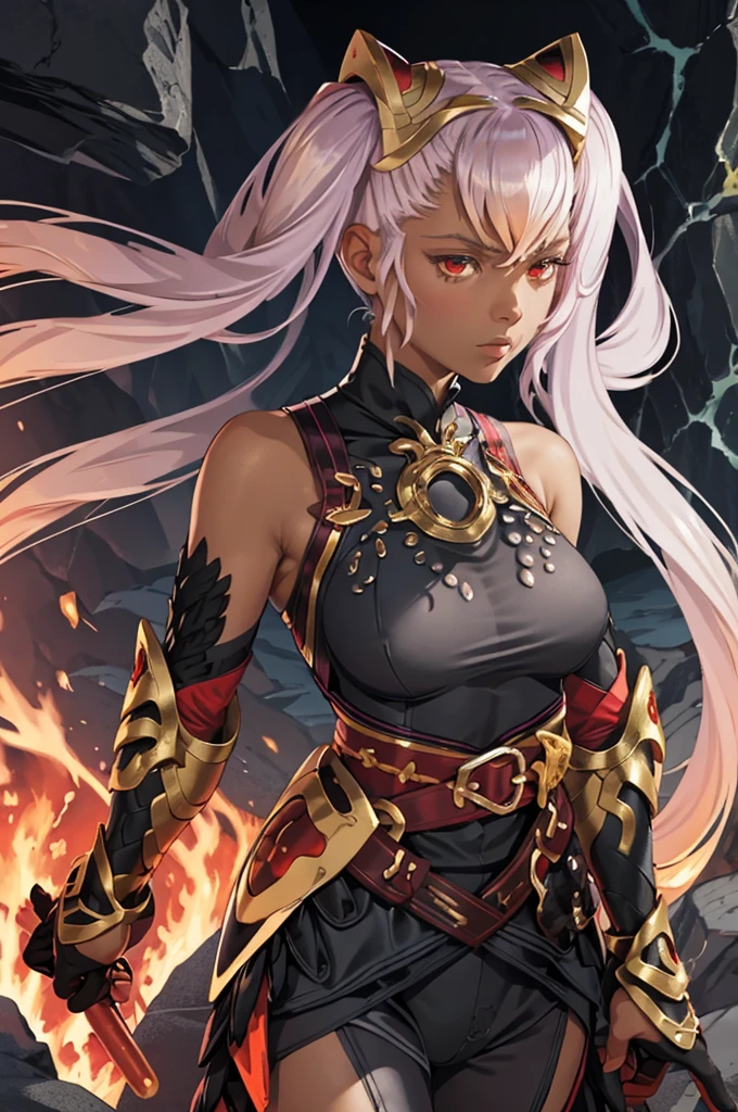 masterpiece, best quality, defLaev, hair ornament, twintails, black bodysuit, bare shoulders, belt, armor, gauntlets, feather trim, upper body, portrait, looking at viewer, fire, rocks, lava, large breasts, closed mouth. serious