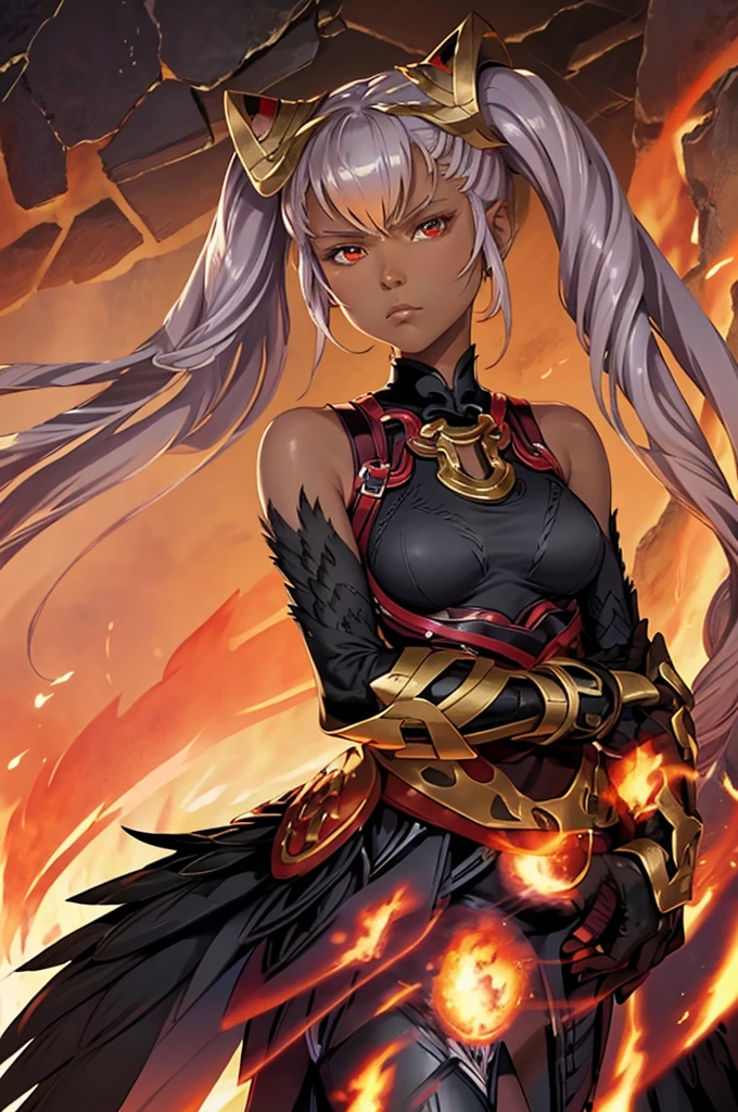 masterpiece, best quality, defLaev, hair ornament, twintails, black bodysuit, bare shoulders, belt, armor, gauntlets, feather trim, upper body, portrait, looking at viewer, fire, rocks, lava, large breasts, closed mouth. serious