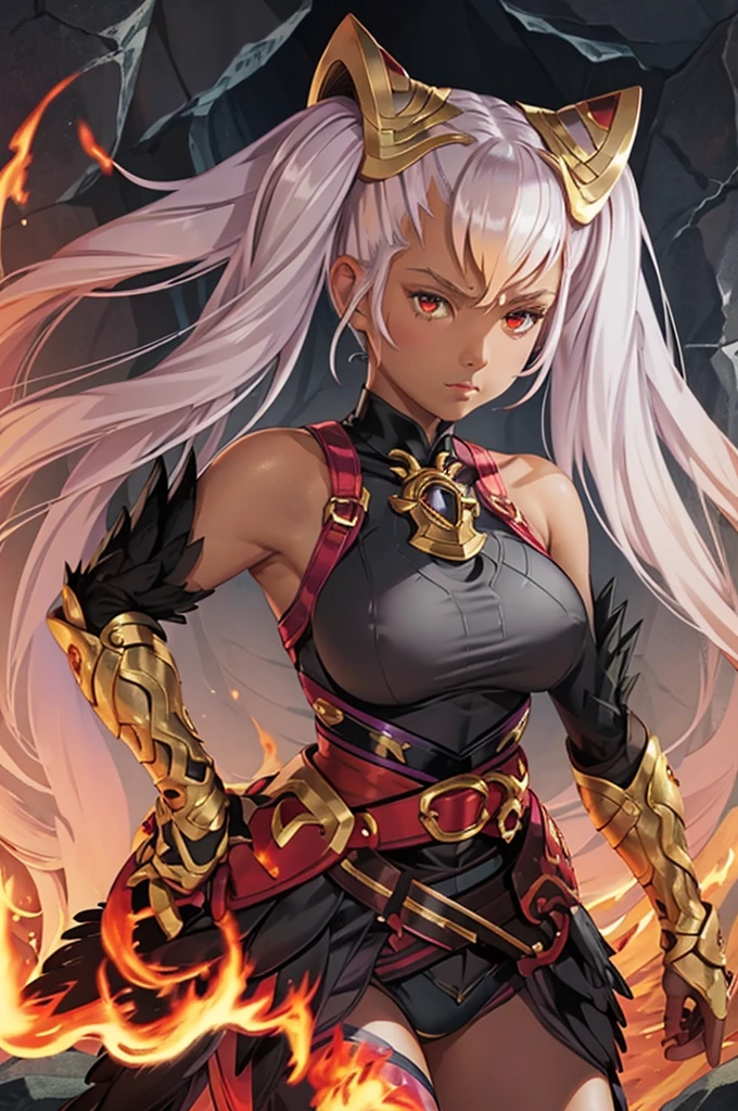 masterpiece, best quality, defLaev, hair ornament, twintails, black bodysuit, bare shoulders, belt, armor, gauntlets, feather trim, upper body, portrait, looking at viewer, fire, rocks, lava, large breasts, closed mouth. serious