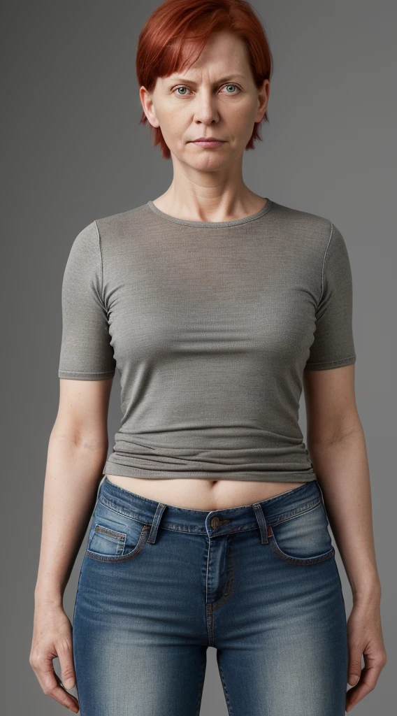 there is a middle aged woman with short red hair and a gray shirt with jeans, heavy set, marthe jonkers-johannen voss-julie heffernan-magalie villeneuve-sandra pelser-nina tryggvadottir-amanda lilleston merged, entire body visible, full body, hyperrealistic, best quality, 8K, real human skin, masterpiece, extremely intricate, medium closeup, detailed eyes, detailed face, detailed body, exaggerated features, pronounced features