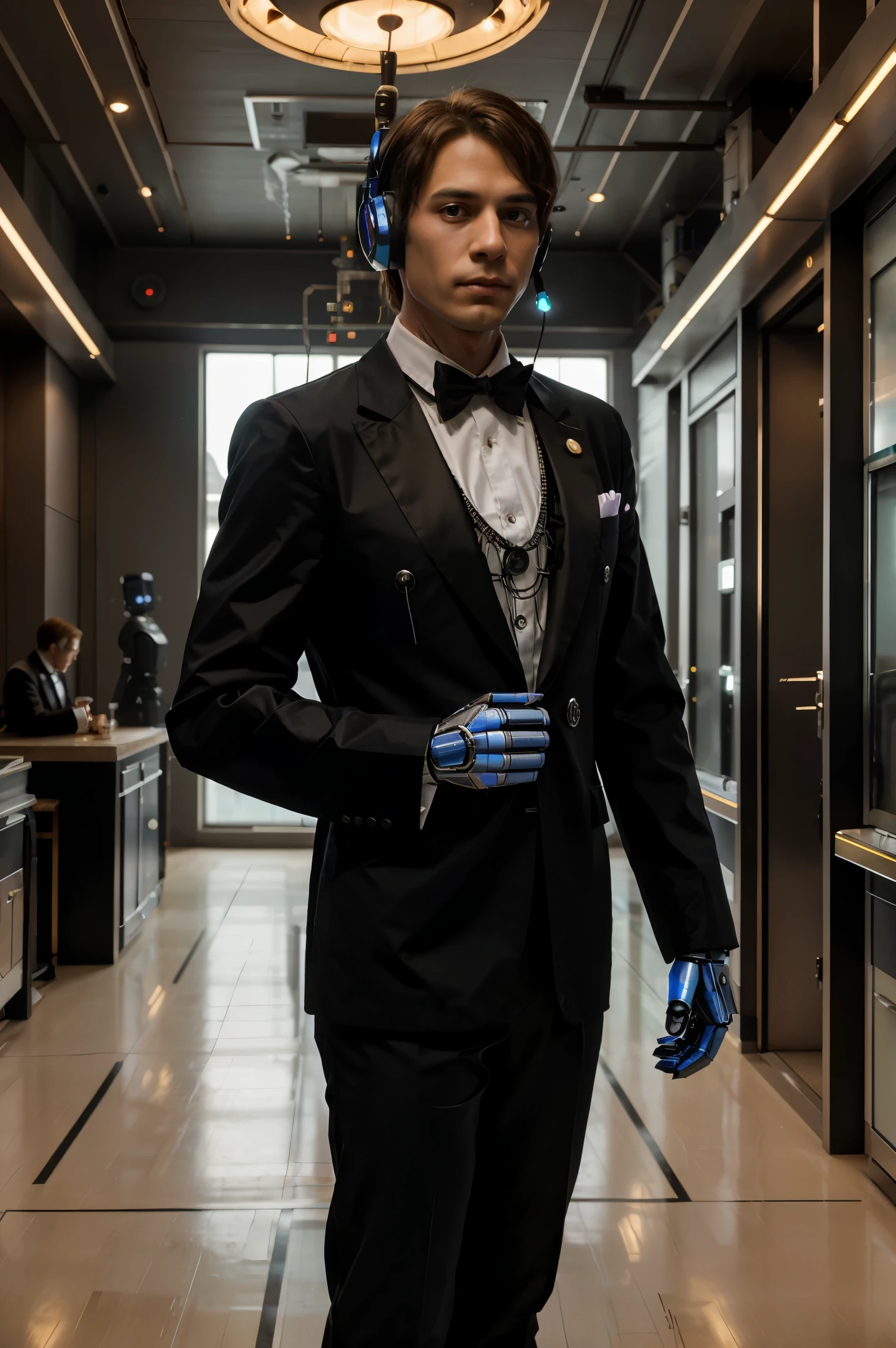The combination of cyber technology and biotechnology,(Robot),Robot Butler，Wearing a black butler uniform and a red tie, he looked respectful, and was standing aside and listening to his master's orders