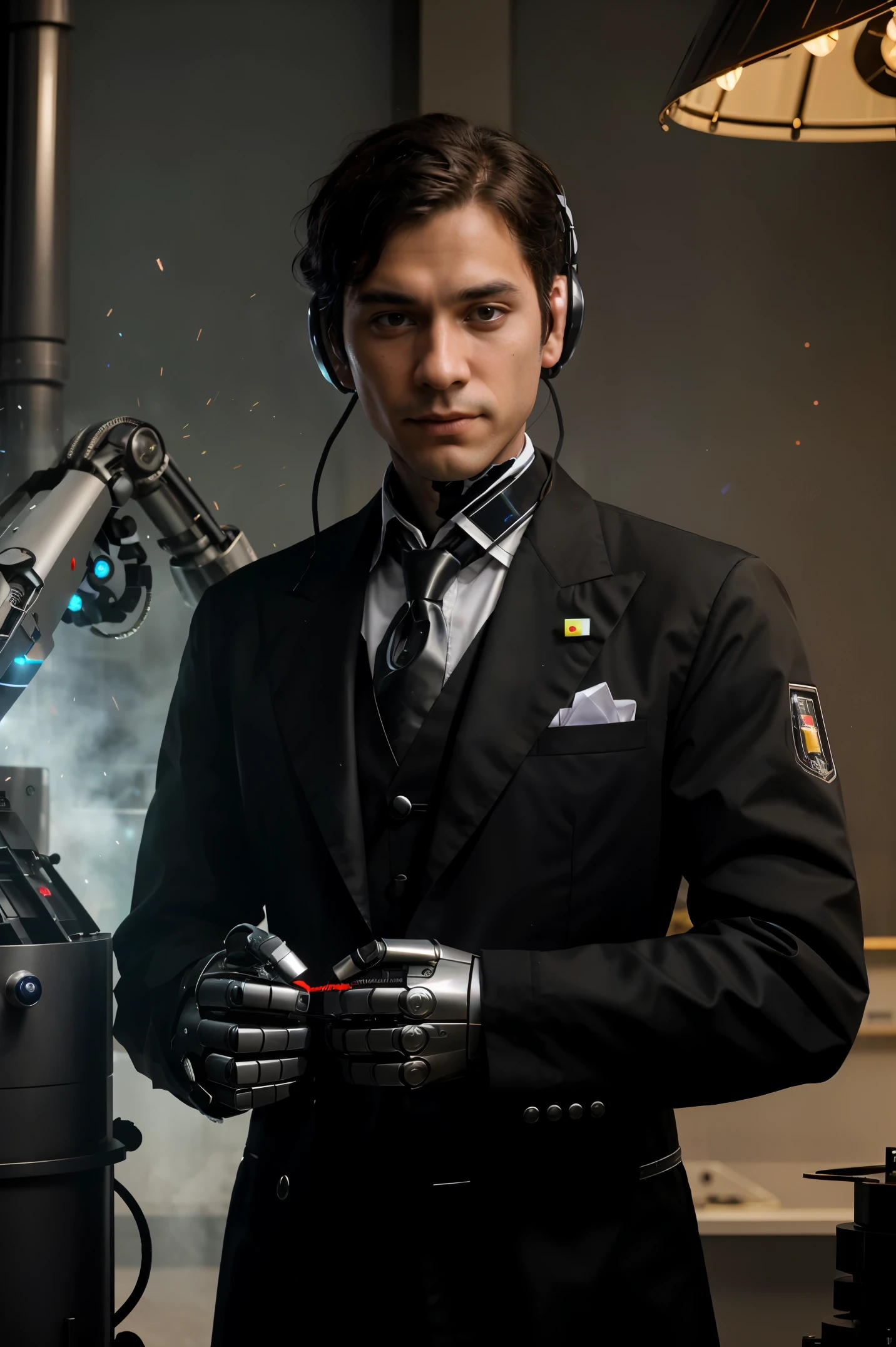 The combination of cyber technology and biotechnology,(Robot),Robot Butler，Wearing a black butler uniform and a red tie, he looked respectful, and was standing aside and listening to his master's orders