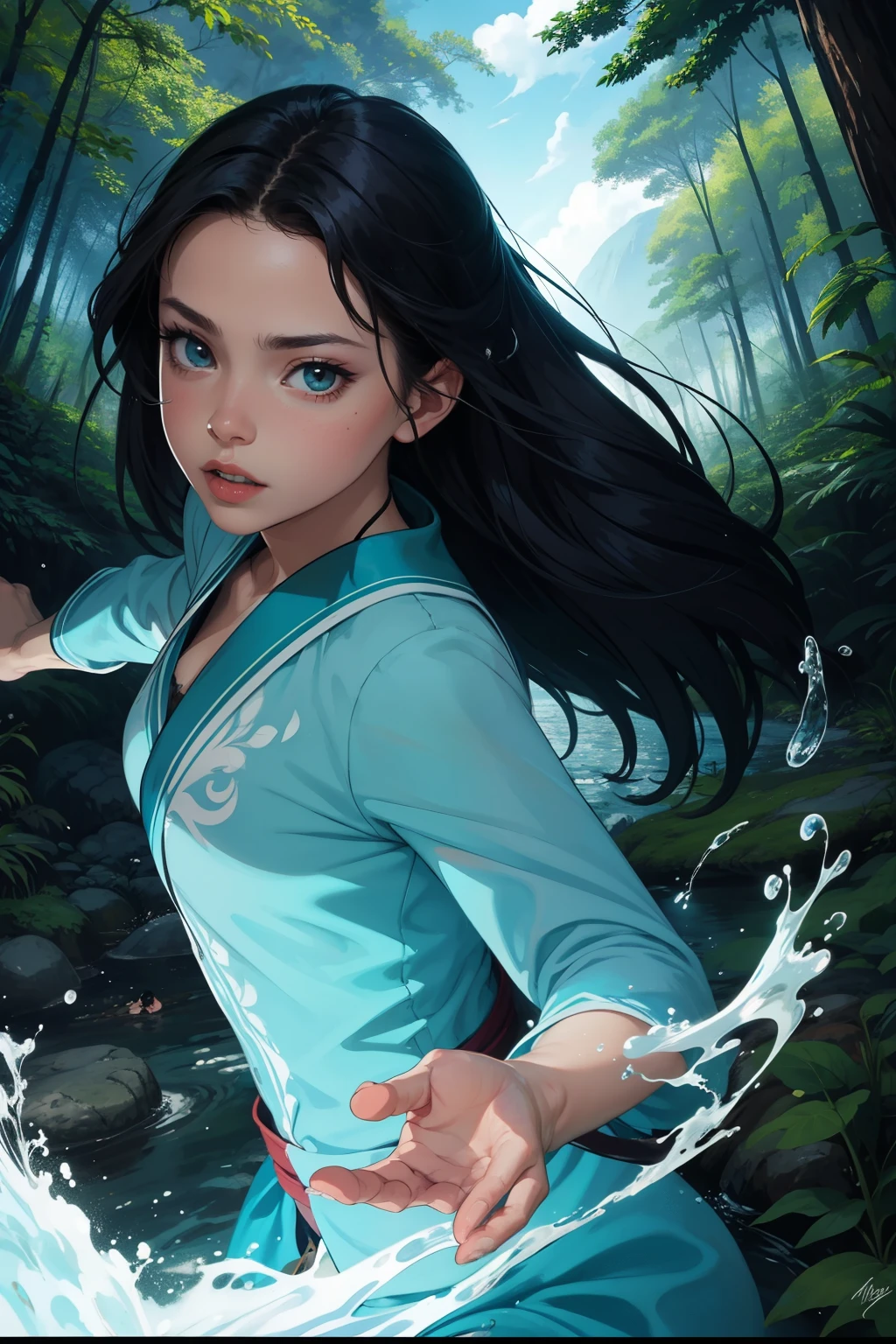 Katara in a fight in the middle of the forest using waterbending ((best quality)), ((master part)), (circunstanciado), rosto perfeito