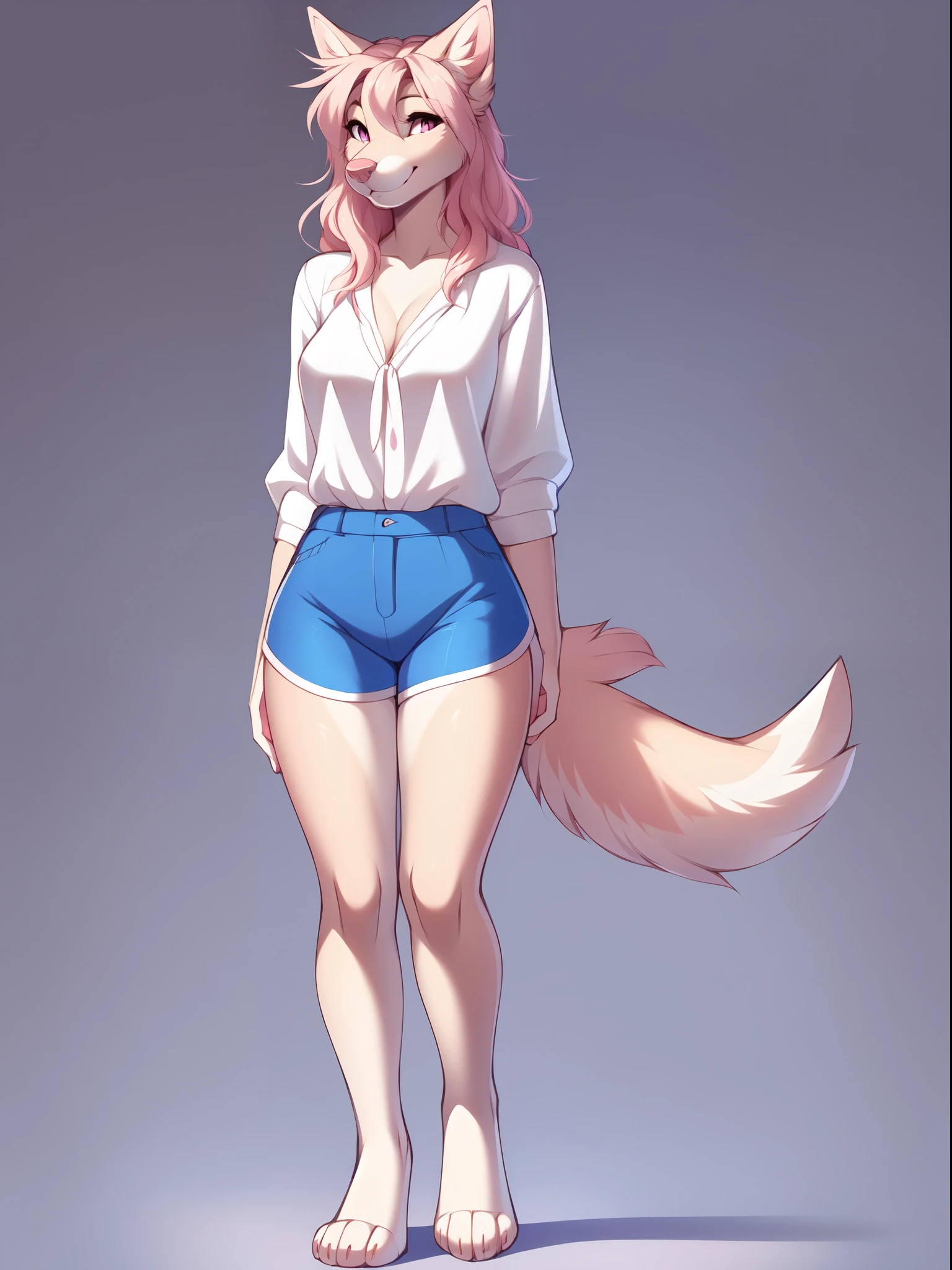 Solo:1.3, Athena, a cute pink domestic dog, detailed pink eyes, white sclera, pink pointy dog ears, white ear fluff, a single pink dog tail, wearing white blouse, blue shorts, barefoot, simple background, standing, smiling softly, hands together, full body shot, feet visible, by hyattlen, by braeburned, by zaush, by fumiko, skinny body,