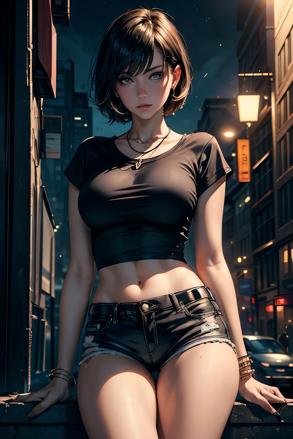 (masterpiece:1.1), best quality, (ultra detailed:1.3), super fine illustration, realistic, solo, woman, from below, beautiful face and eyes, short hair, dishevled hair, black t-shirt and short shorts, Jewelry Accessories, observing the surroundings, Waiting and watching, a cool woman who likes mischief, Distant city, illuminated by moonlight