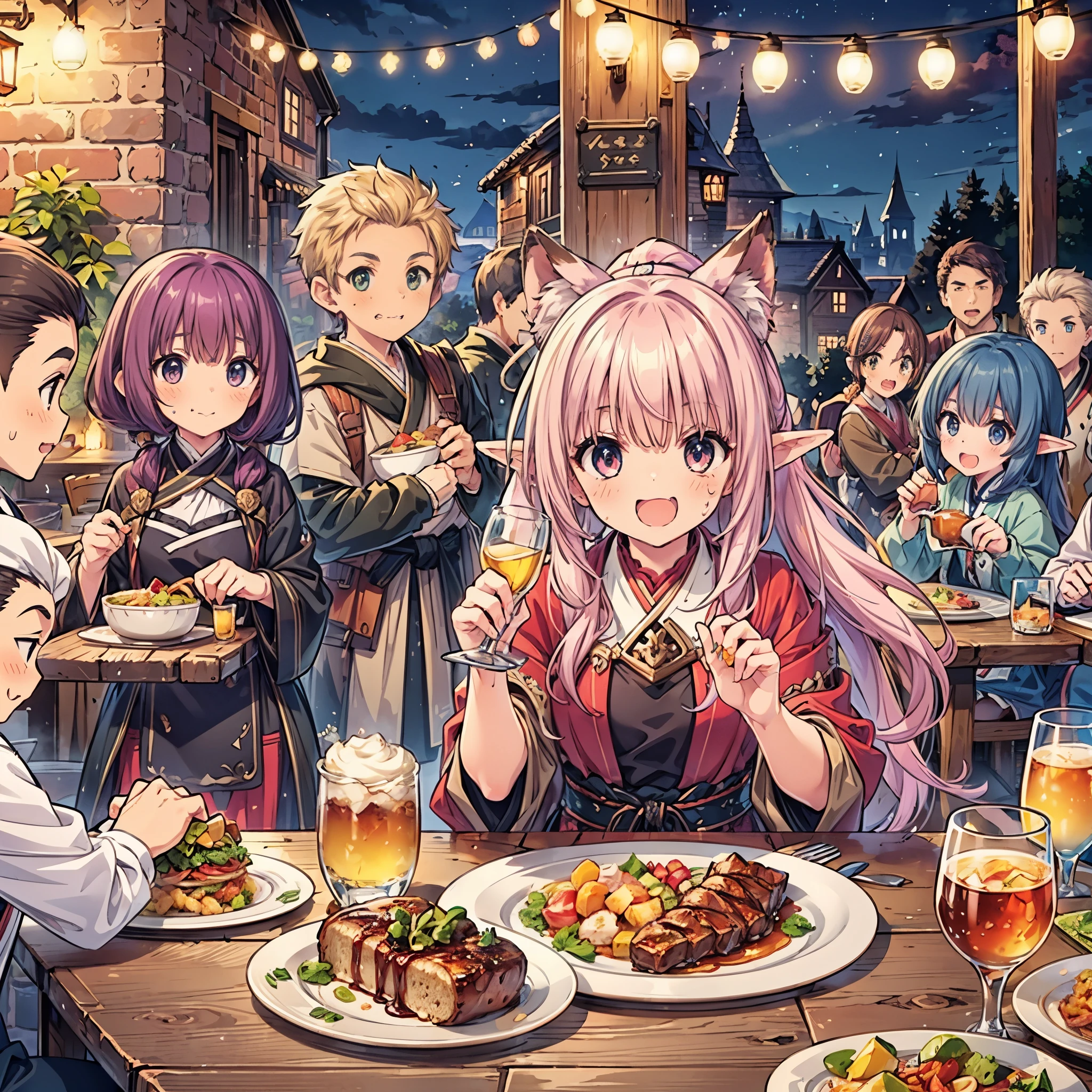 (masterpiece), best quality, ultra detailed, expressive eyes, perfect face,Fantasy art, a dozen people of different races toasting together in a medieval pub at night, Cheers with alcohol,reveling, happy, ecstasy, (exaggerated expressions:1.3), (exaggerated movements:1.5),Human,Elf,Dwarf,kemomimi, warrior, ranger, mage, archer, ninja, samurai, black hair, yellow hair, red hair, pink hair,purple hair, short hair, long hair, ponytail, twintails, (Lots of dishes on table:1.2) , (Large_meals on table:1.2), vivid color