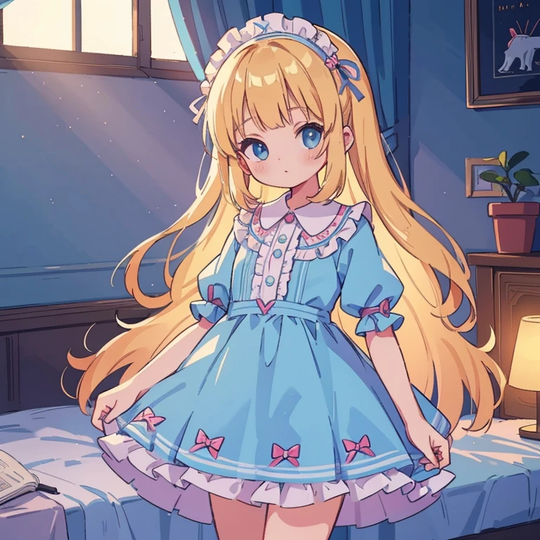 Beautiful cute girl, cute dress, extreme detail, high ray tracing, 8k, 4k, highest resolution, photography, high detailed lighting, perfect face, bedroom