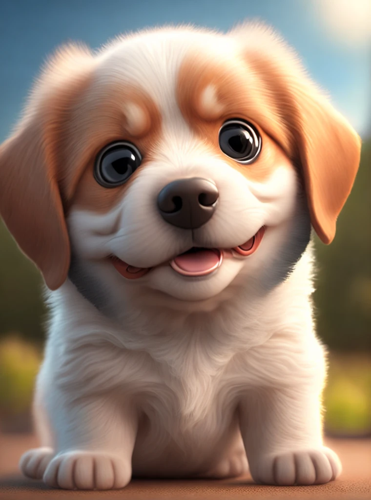 one happy cute baby  dog, portrait, outdoors, background space, toon, pixar style, 3d, cartoon, detailed face, asymmetric, upper body