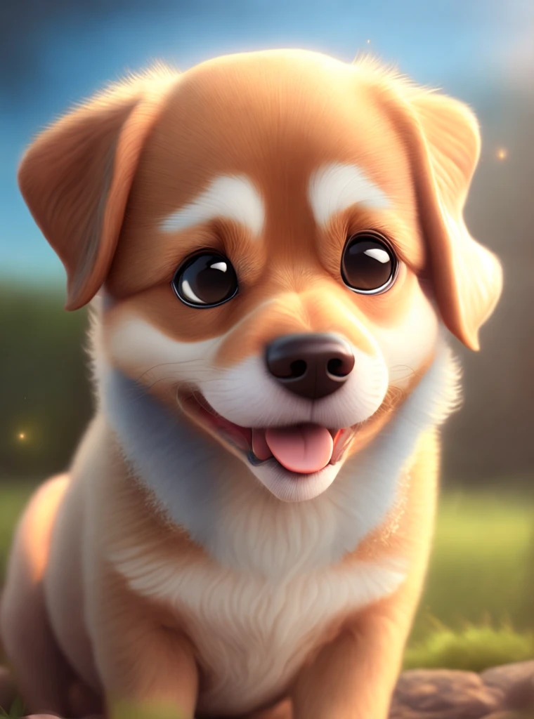 one happy cute baby dog, portrait, outdoors, background space, toon, pixar style, 3d, cartoon, detailed face, asymmetric, upper body
