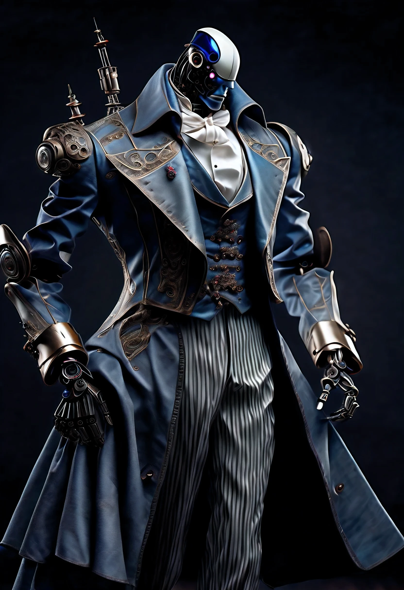 Full body shot, medieval fantasy inspiration, Elegant butler robot with mechanical engineering luxury frock coat and gray striped pants, Best Quality, 最hightqualityの, hightquality, beautiful detail, intricate detailes, insane detail, ighly detailed, intricate fine detail, A hyper-realistic, realistic paint, hightqualityのテクスチャ, richly colored, dark colored, Fine and delicate brush strokes, Very fine touch, Super Illustration, true masterpiece, Masterpieces of detail, Super Illustration of masterpiece, High contrast, Tonal contrast, cinematic still, Cinematic Angle, Cinematic lighting, Amazing location background details,