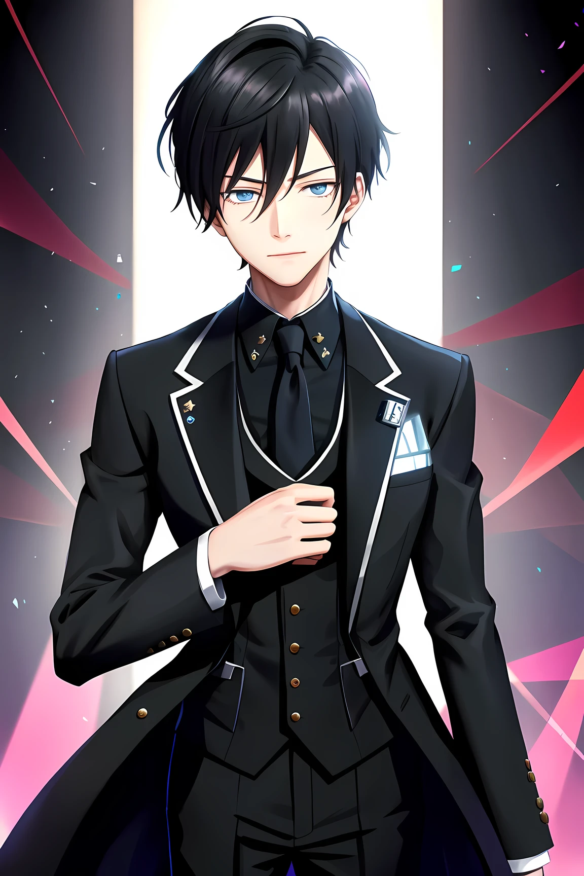 The combination of network technology and biotechnology,Robot butler，Wearing black butler uniform，Wear a red tie, he seemed respectful, and stood aside to listen to his master&#39;s orders