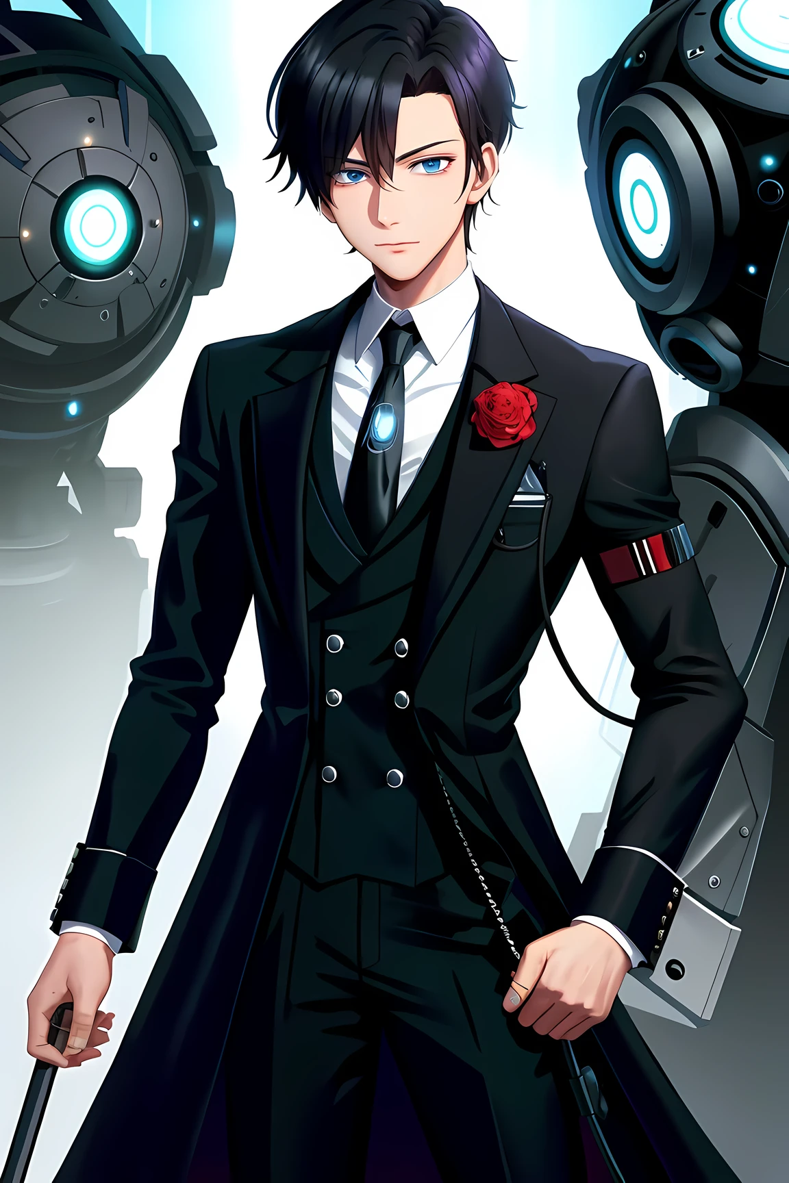 The combination of network technology and biotechnology,Robot butler，Wearing black butler uniform，Wear a red tie, he seemed respectful, and stood aside to listen to his master&#39;s orders