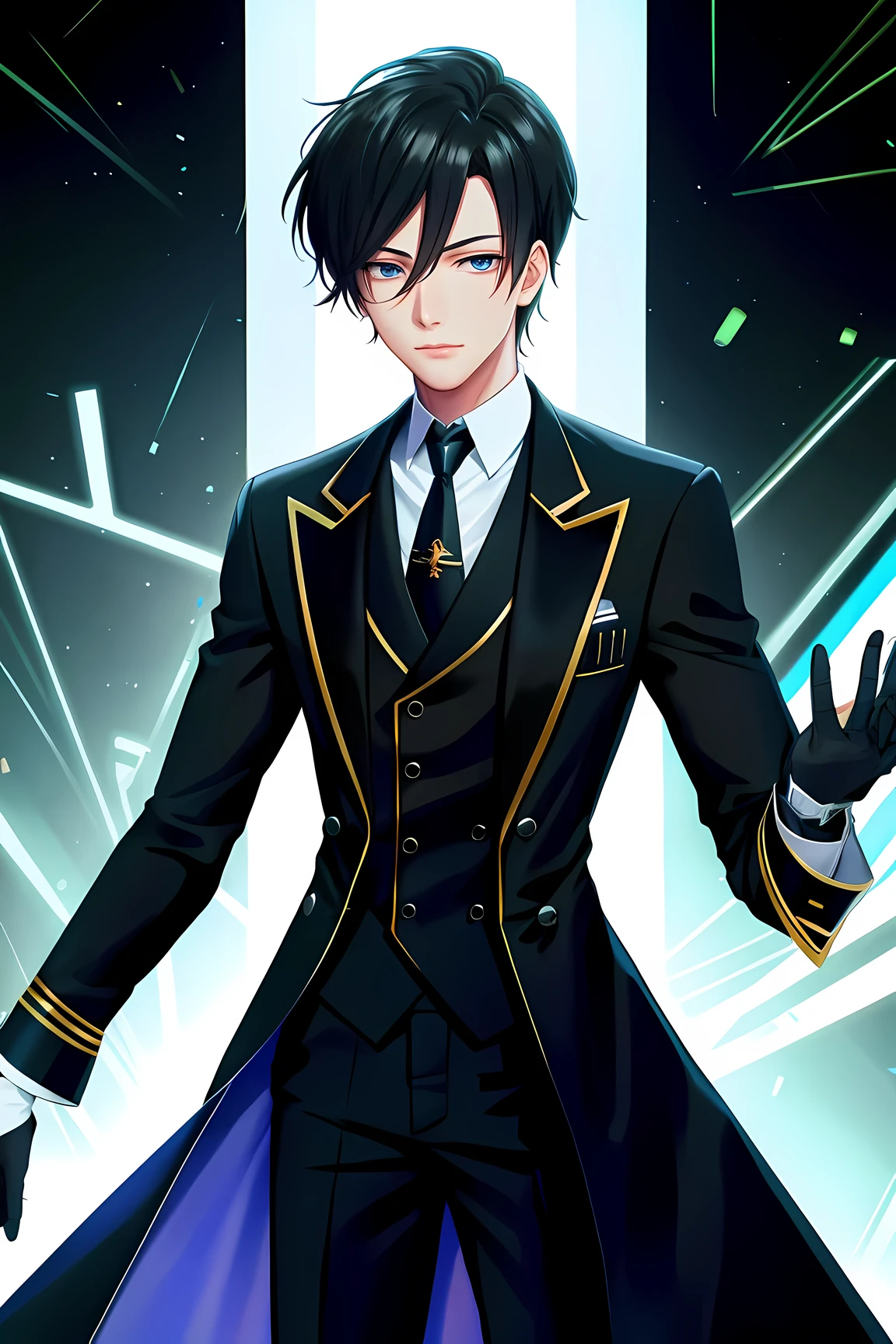 The combination of network technology and biotechnology,Robot butler，Wearing black butler uniform，Wear a red tie, he seemed respectful, and stood aside to listen to his master&#39;s orders