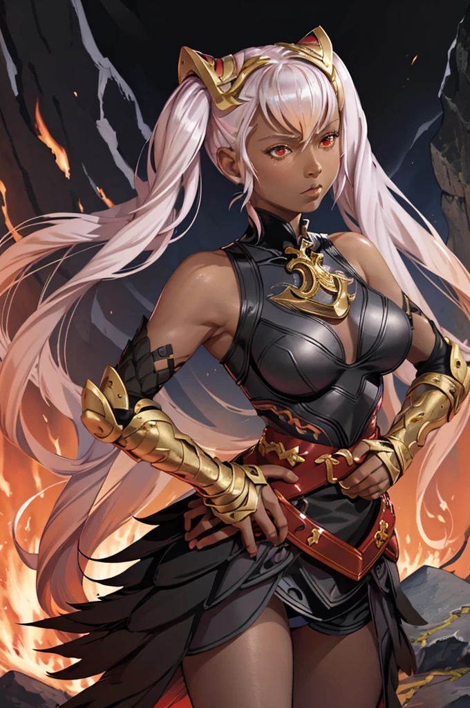 masterpiece, best quality, defLaev, hair ornament, twintails, black bodysuit, bare shoulders, belt, armor, gauntlets, feather trim, upper body, portrait, looking at viewer, fire, rocks, lava, large breasts, closed mouth. serious ,Very dark skin ,African