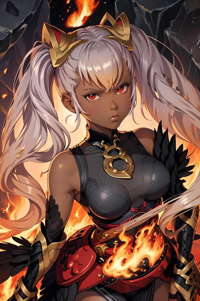 masterpiece, best quality, defLaev, hair ornament, twintails, black bodysuit, bare shoulders, belt, armor, gauntlets, feather trim, upper body, portrait, looking at viewer, fire, rocks, lava, large breasts, closed mouth. serious ,Very dark skin ,African