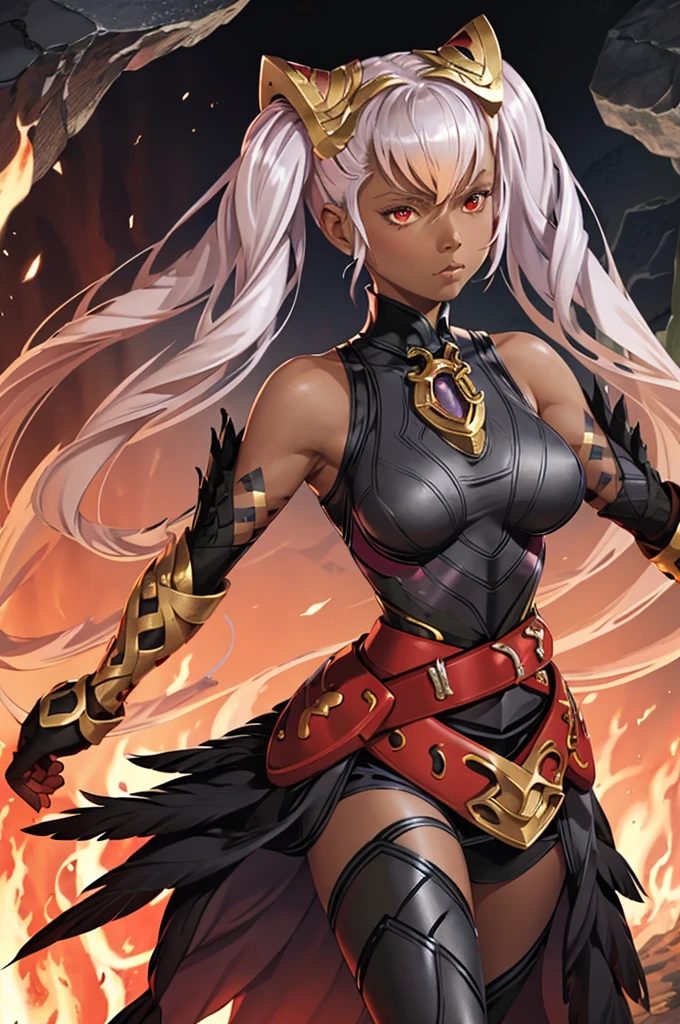 masterpiece, best quality, defLaev, hair ornament, twintails, black bodysuit, bare shoulders, belt, armor, gauntlets, feather trim, upper body, portrait, looking at viewer, fire, rocks, lava, large breasts, closed mouth. serious ,Very dark skin ,African