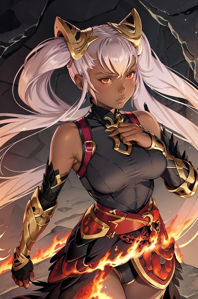 masterpiece, best quality, defLaev, hair ornament, twintails, black bodysuit, bare shoulders, belt, armor, gauntlets, feather trim, upper body, portrait, looking at viewer, fire, rocks, lava, large breasts, closed mouth. serious ,Very dark skin ,African