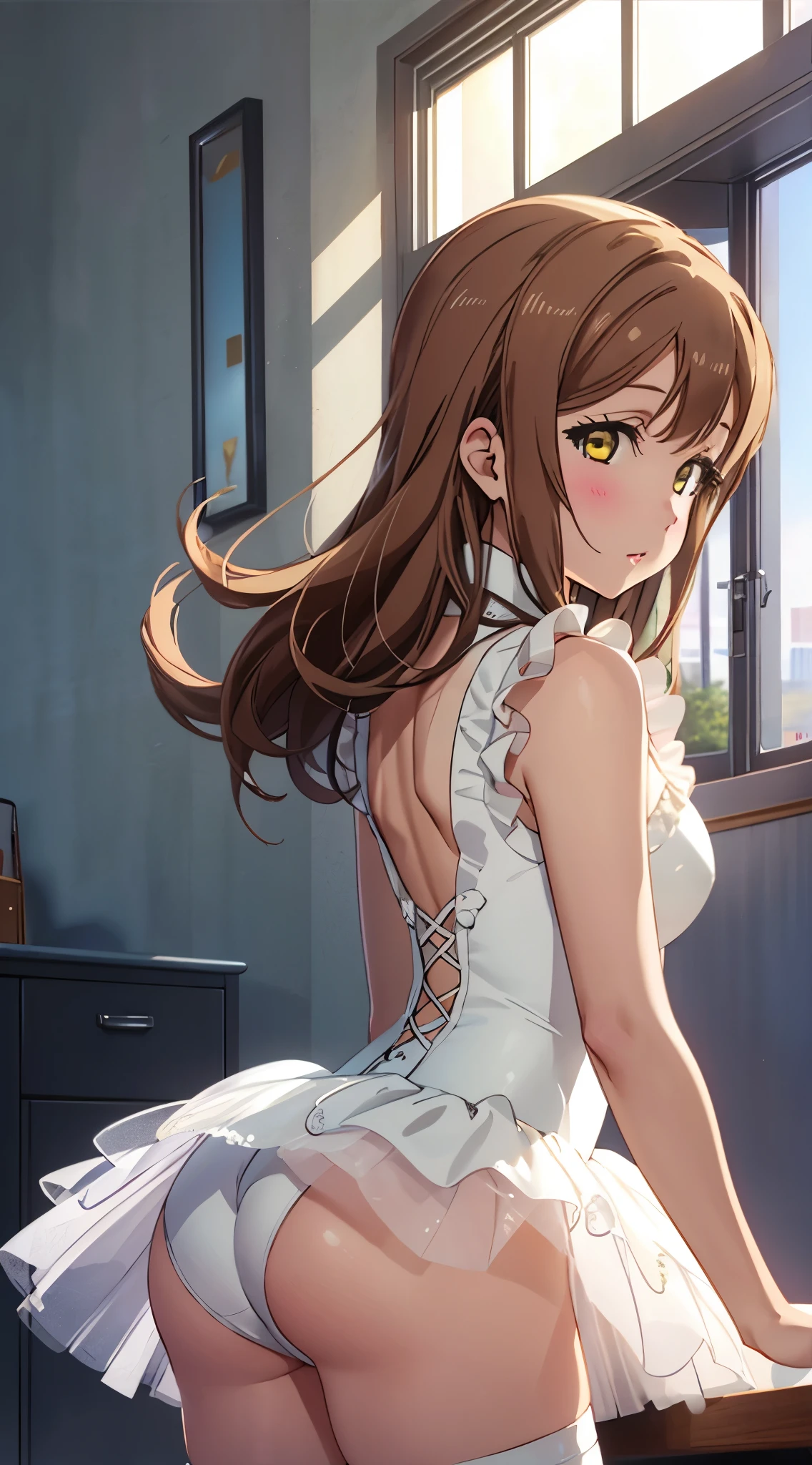 (pixel-perfect, detail-perfect), solo, 1girl, highly detailed, absirdres, masterpiece, illustration, game cg, hanamaru kunikida, glossy lips, blush, beautiful detailed eyes, amber eyes, ballerina, sleeveless leotard, cleavage, (tutu), (view from behind)