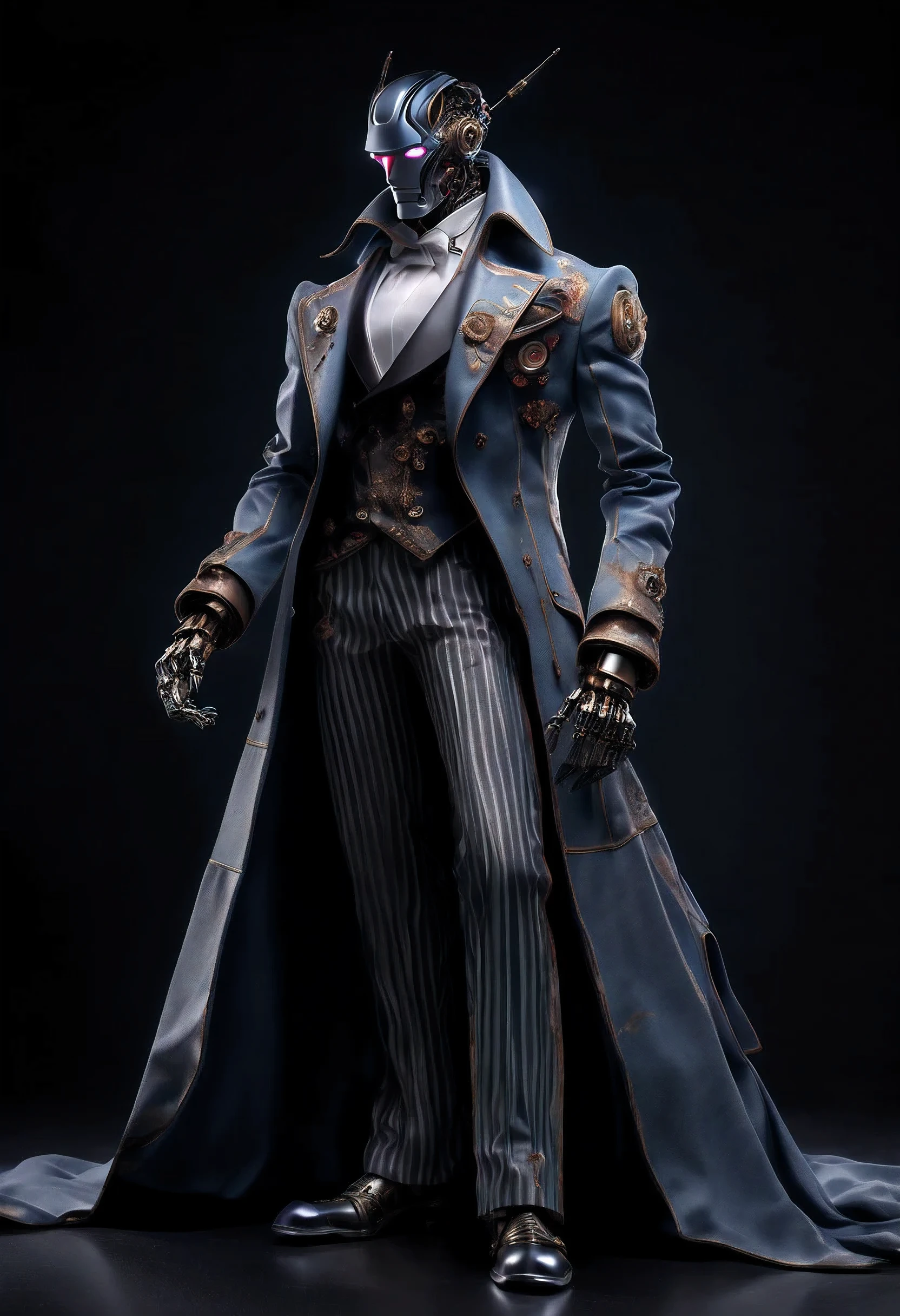 Full body shot, Sebastian robot in mechanical engineering luxury frock coat and gray striped trousers, Best Quality, 最hightqualityの, hightquality, beautiful detail, intricate detailes, insane detail, ighly detailed, intricate fine detail, A hyper-realistic, realistic paint, hightqualityのテクスチャ, richly colored, dark colored, Fine and delicate brush strokes, Very fine touch, Super Illustration, true masterpiece, Masterpieces of detail, Super Illustration of masterpiece, High contrast, Tonal contrast, cinematic still, Cinematic Angle, Cinematic lighting, Amazing location background details,