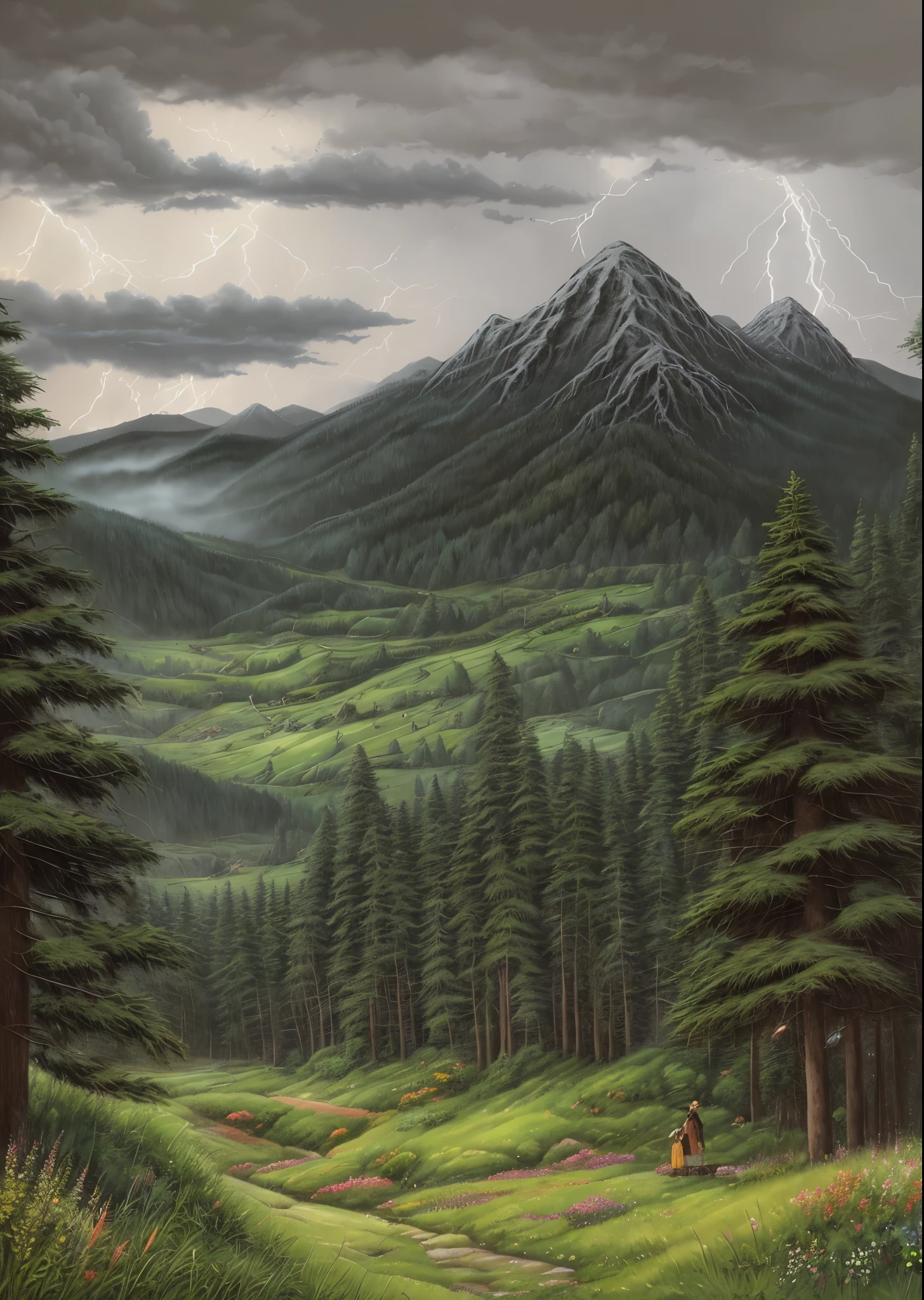 Realistic, authentic, beautiful and amazing landscape oil painting Studio Ghibli Hayao Miyazaki&#39;s petal grassland with dark stormy sky and a lightning. fir trees, and towering gray mountains. Evening time.