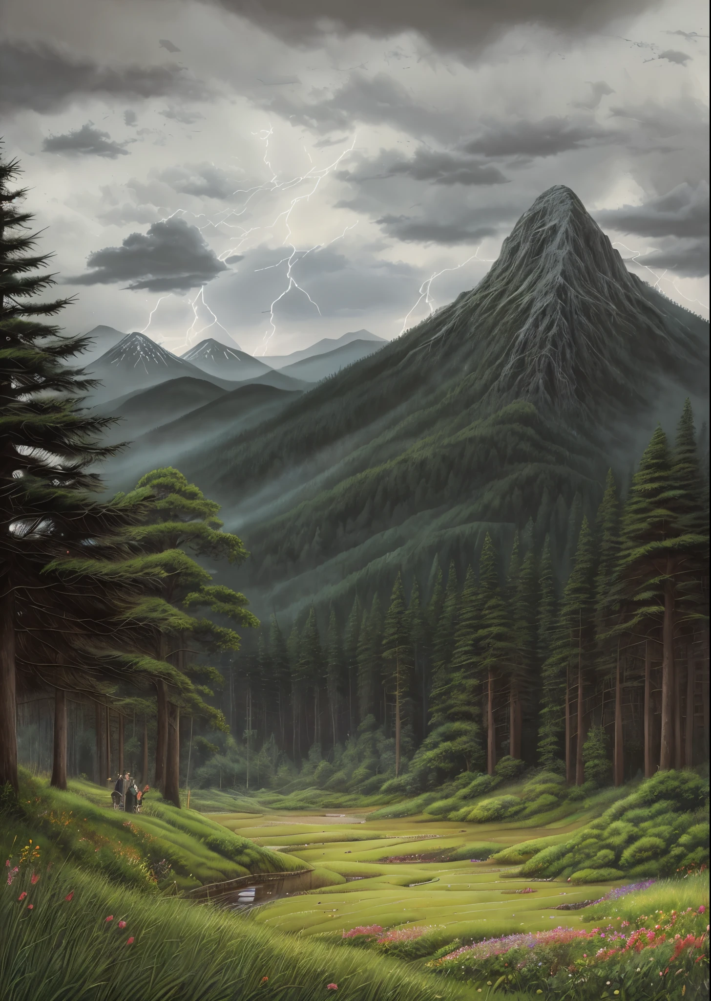 Realistic, authentic, beautiful and amazing landscape oil painting Studio Ghibli Hayao Miyazaki's petal grassland with dark stormy sky and a lightning. fir trees, and towering gray mountains. Evening time.