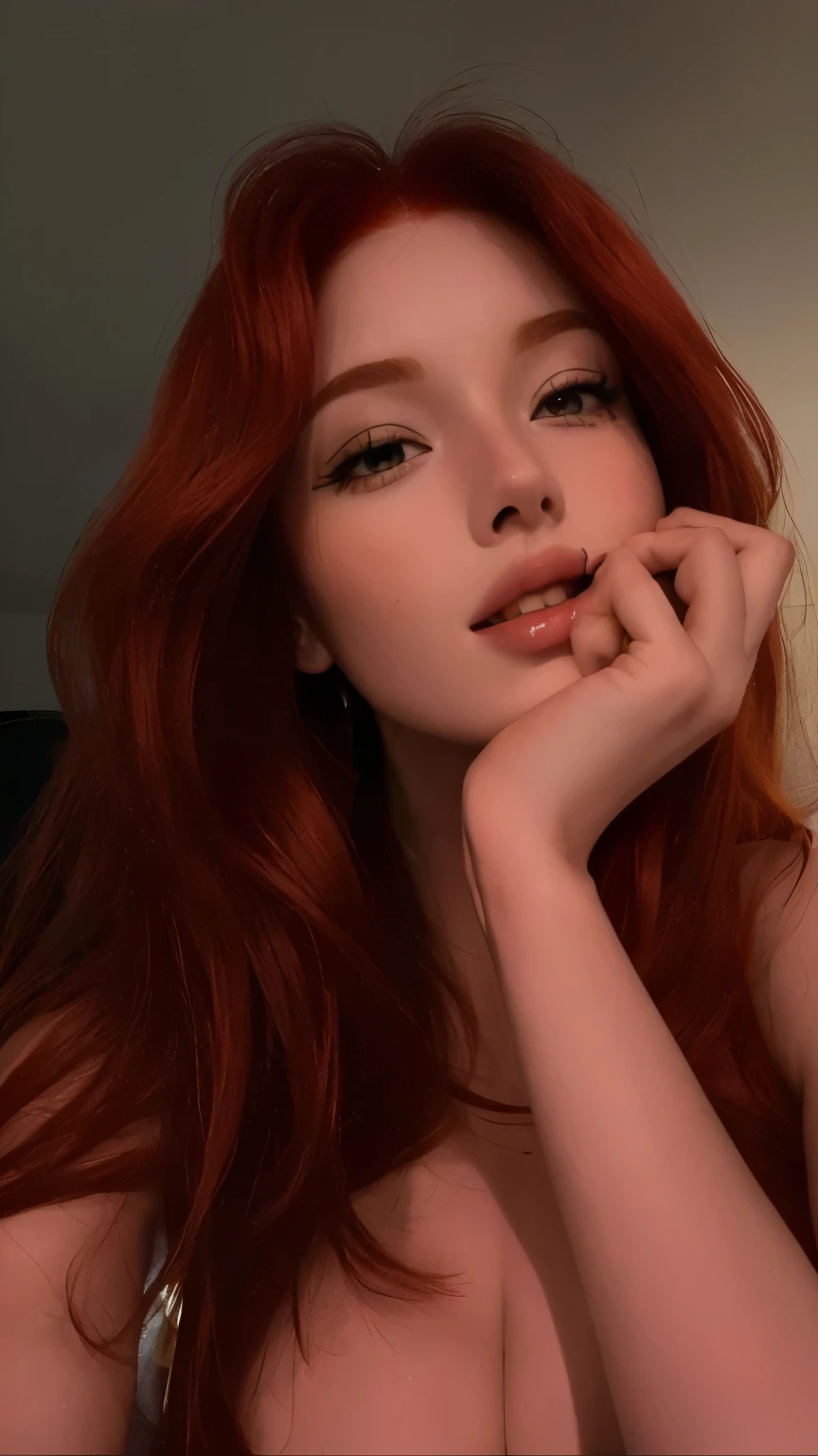 There's a woman with red hair posing for a photo, Amouranth, Ellie Bamber, Ellie Bamber fairy, ela tem cabelos longos e redorange, Redhead Girl, red head, Katherine McNamara inspirada, she is redhead, Deusa dos cabelos ruivos, ela tem cabelos ruivos, cabelo de gengibre, pia sadie, Ela tem longos cabelos castanhos alaranjados, red hair and attractive features