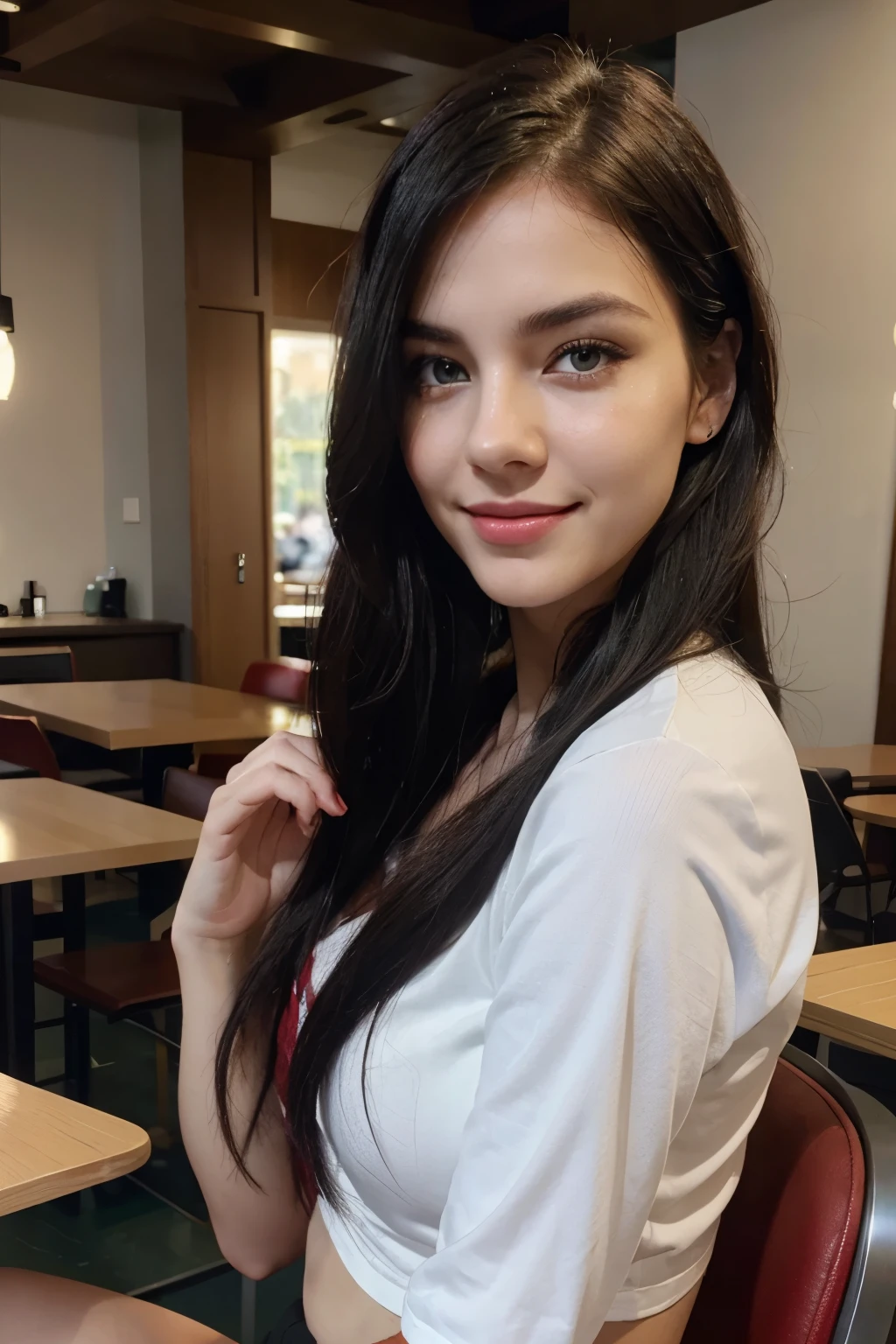 woman, white skin, green eyes, red and black hair like ombre, lip structure that is not too thin or too thick, smiling, in the cafee