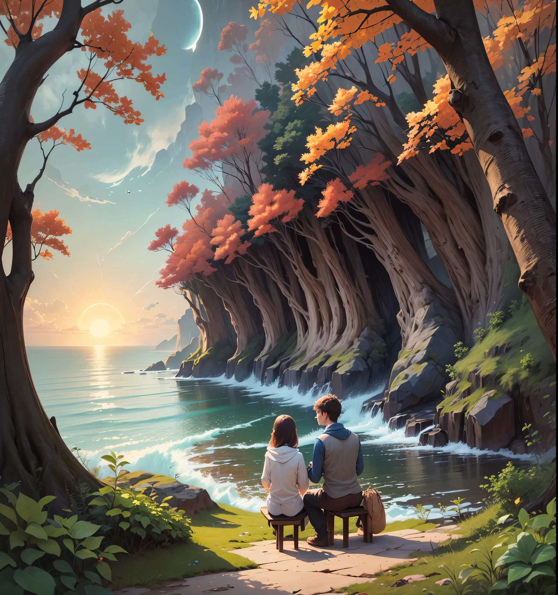 a boy sitting along with girl , under clear sky , on the cliff in forest , facing ocean , moon near the ocean surface - (Waiting to start) --auto --s2