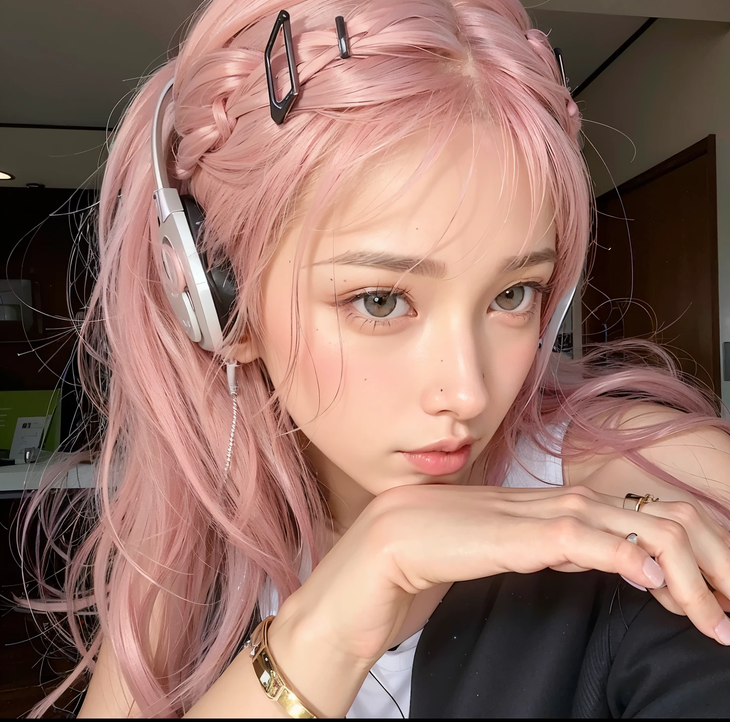 there is a girl with cabello rosado and headphones on, with cabello rosado, flowing cabello rosado, Hermosa Delphine, Pelo rosa de cola doble y ojos cian, long flowing cabello rosado, Chica de anime en la vida real, cabello liso rosa, e-chica, E - Chica, cute girl with short cabello rosado, long cabello rosado, cabello rosado, light cabello rosado, vibraciones de anime