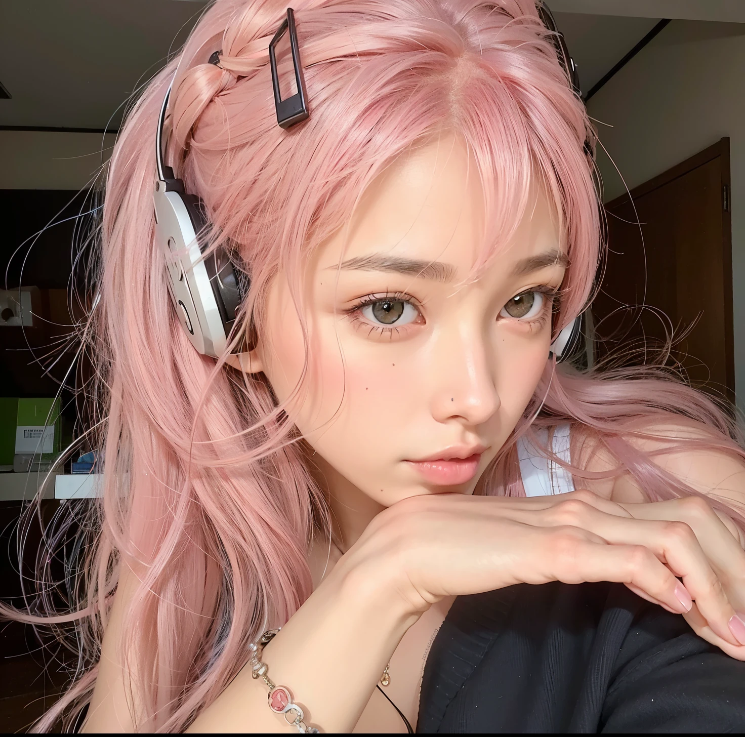 there is a girl with cabello rosado and headphones on, with cabello rosado, flowing cabello rosado, Hermosa Delphine, Pelo rosa de cola doble y ojos cian, long flowing cabello rosado, Chica de anime en la vida real, cabello liso rosa, e-chica, E - Chica, cute girl with short cabello rosado, long cabello rosado, cabello rosado, light cabello rosado, vibraciones de anime