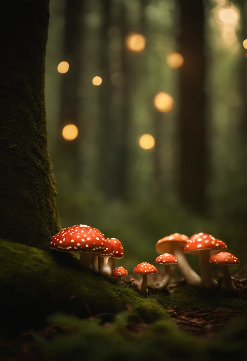 A whimsical, fairytale-inspired scene set in a magical forest, where vibrant mushrooms dot the forest floor and woodland creatures adorn the trees with twinkling lights