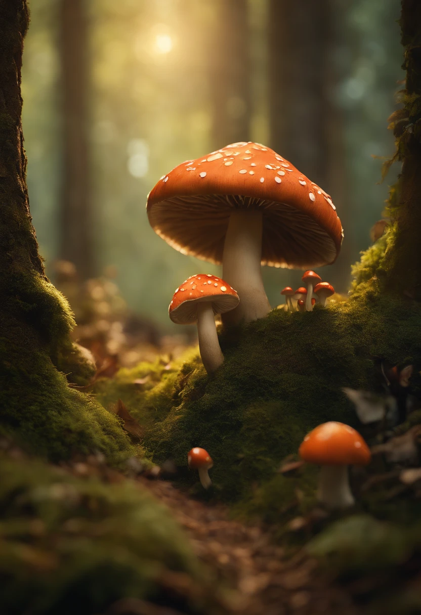 A whimsical, fairytale-inspired scene set in a magical forest, where vibrant mushrooms dot the forest floor and woodland creatures adorn the trees with twinkling lights