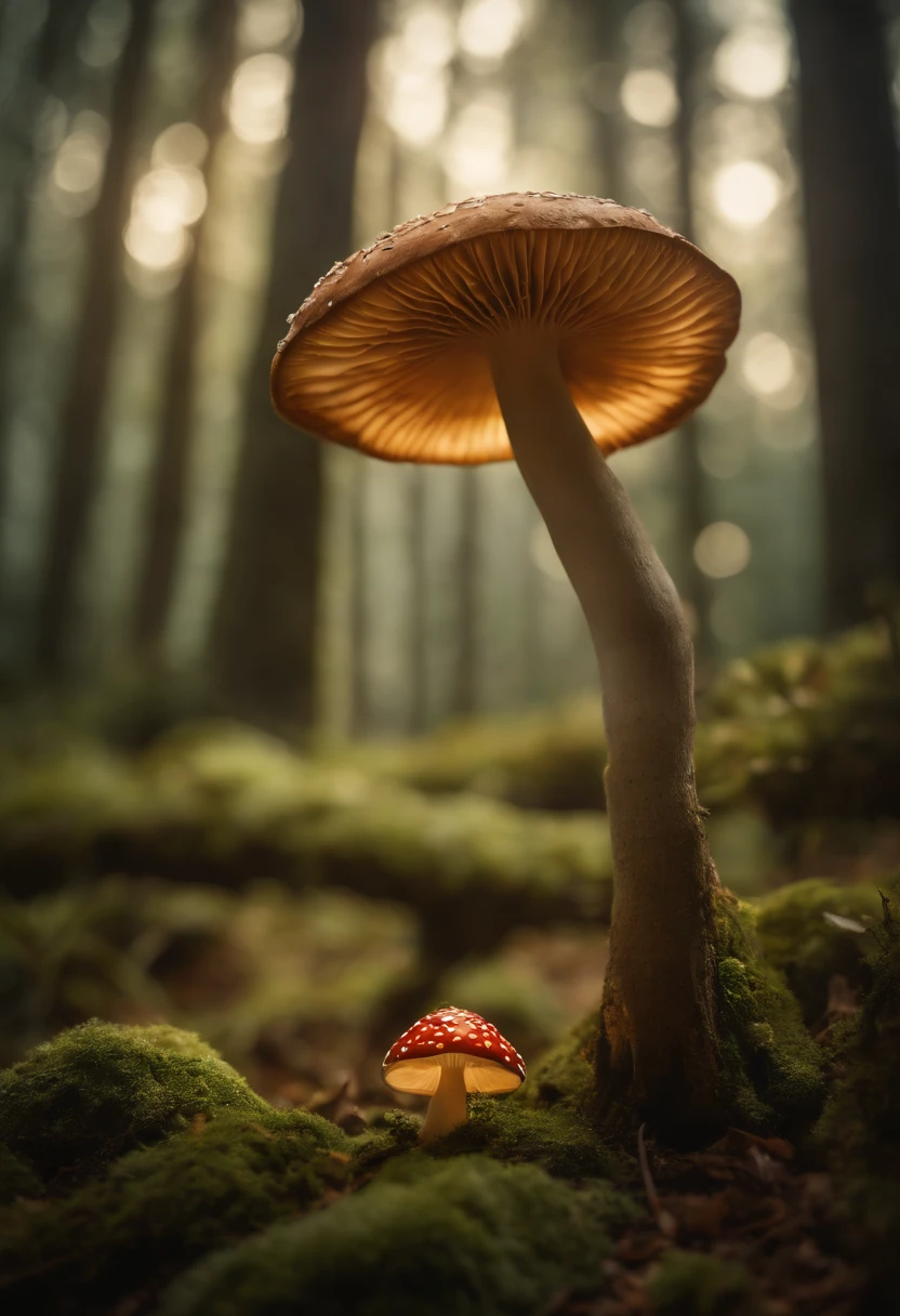 A whimsical, fairytale-inspired scene set in a magical forest, where vibrant mushrooms dot the forest floor and woodland creatures adorn the trees with twinkling lights