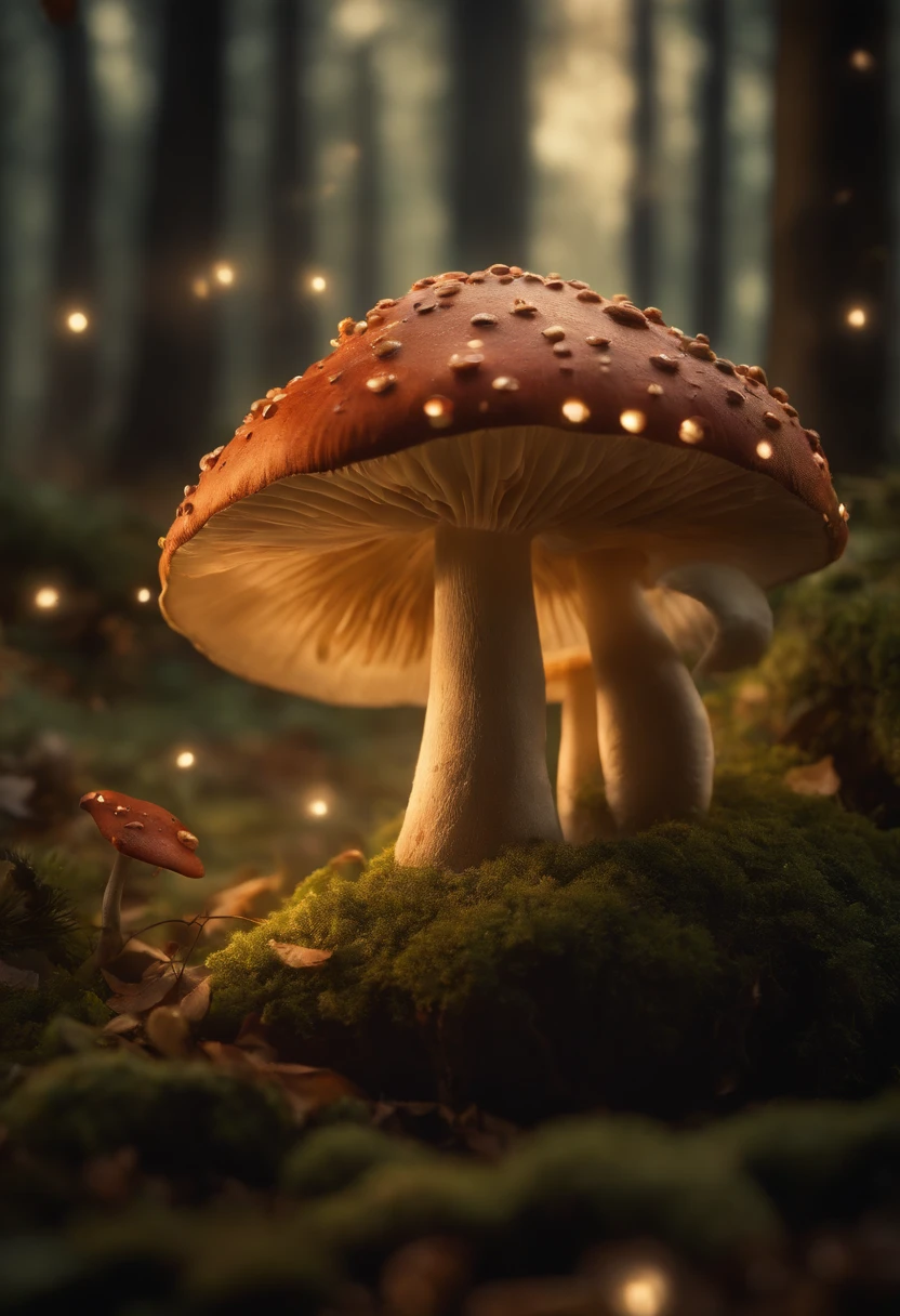 A whimsical, fairytale-inspired scene set in a magical forest, where vibrant mushrooms dot the forest floor and woodland creatures adorn the trees with twinkling lights