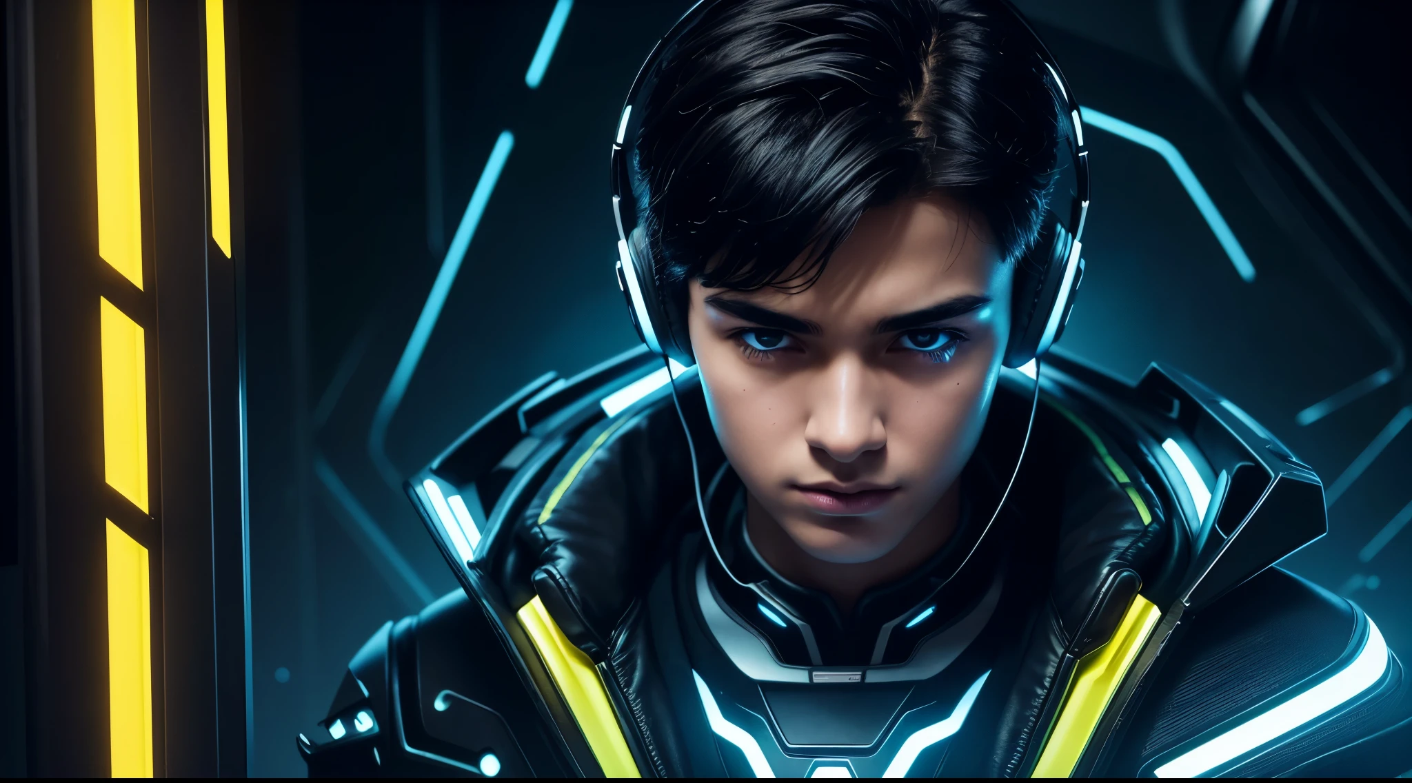prompt: cg age boy using headset, black background, yellow light on face, close-up view, futuristic, digital art, vibrant colors, dramatic lighting, high contrast, ultra-detailed, futuristic technology, intense expression, glossy texture, sharp focus, cyberpunk aesthetic, glowing eyes, futuristic clothing, central alignment