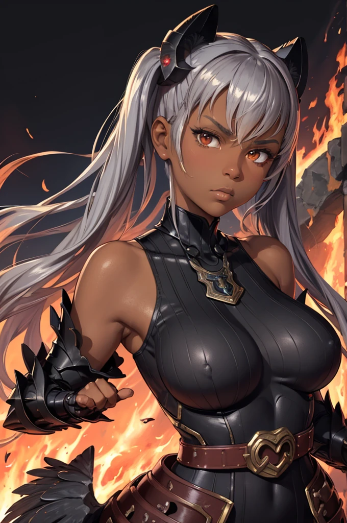 masterpiece, best quality, defLaev, hair ornament, twintails, black bodysuit, bare shoulders, belt, armor, gauntlets, feather trim, upper body, portrait, looking at viewer, fire, rocks, lava, large breasts, closed mouth. serious ,Very dark skin ,African