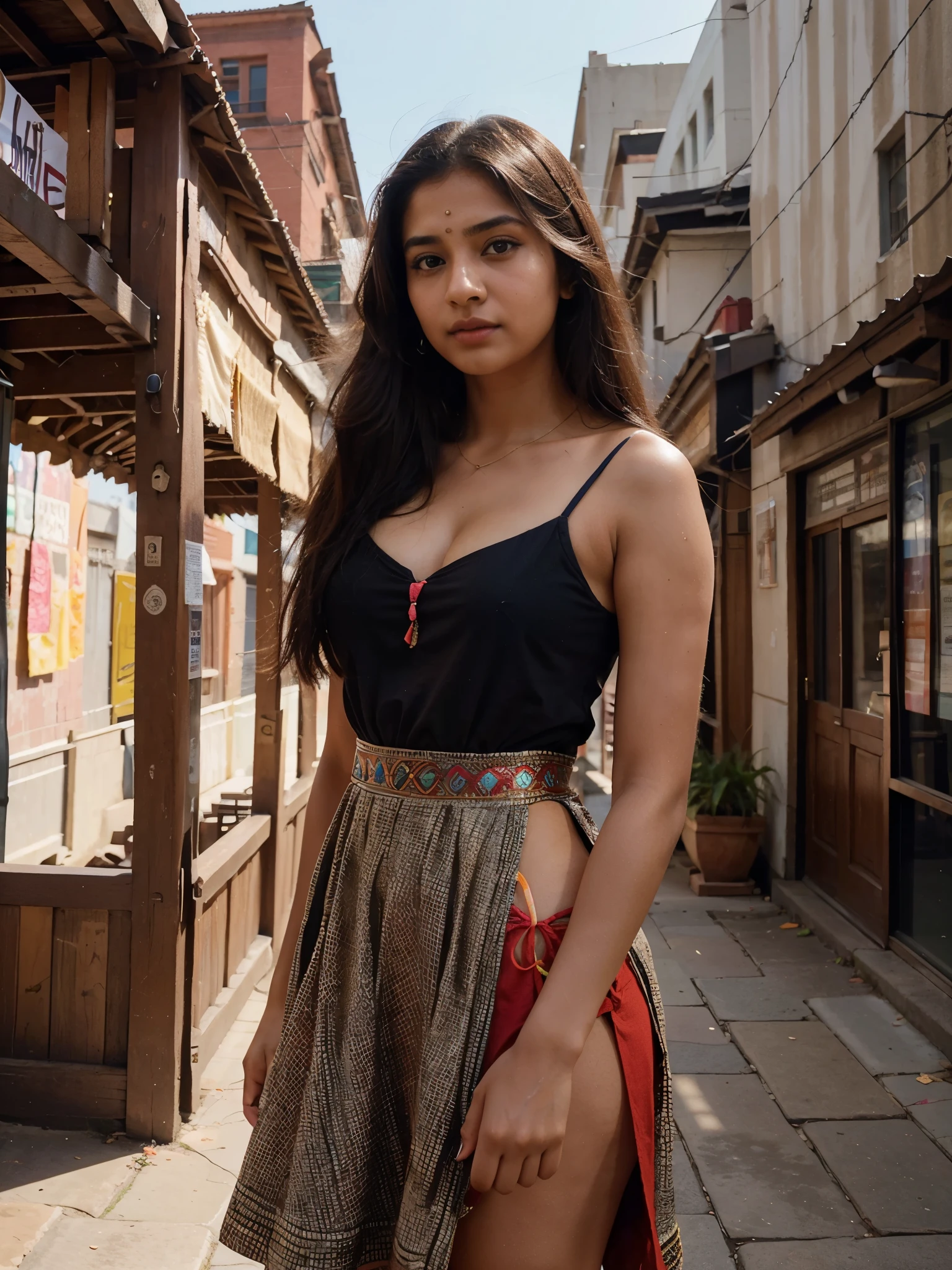 Craft a hyper realistic and vivid description of an exceptionally attractive Gen Z Indian girl who skillfully fuses traditional elements with contemporary style, side camera angle in beautiful dress in city, with others