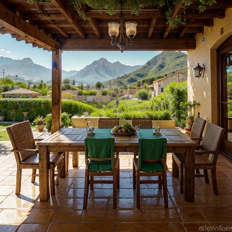 Rustic and Mediterranean style house with a lush garden surrounded by mountains, con el mar al fondo,una mesa con productos de la huerta como pimiento verde y tomate y queso