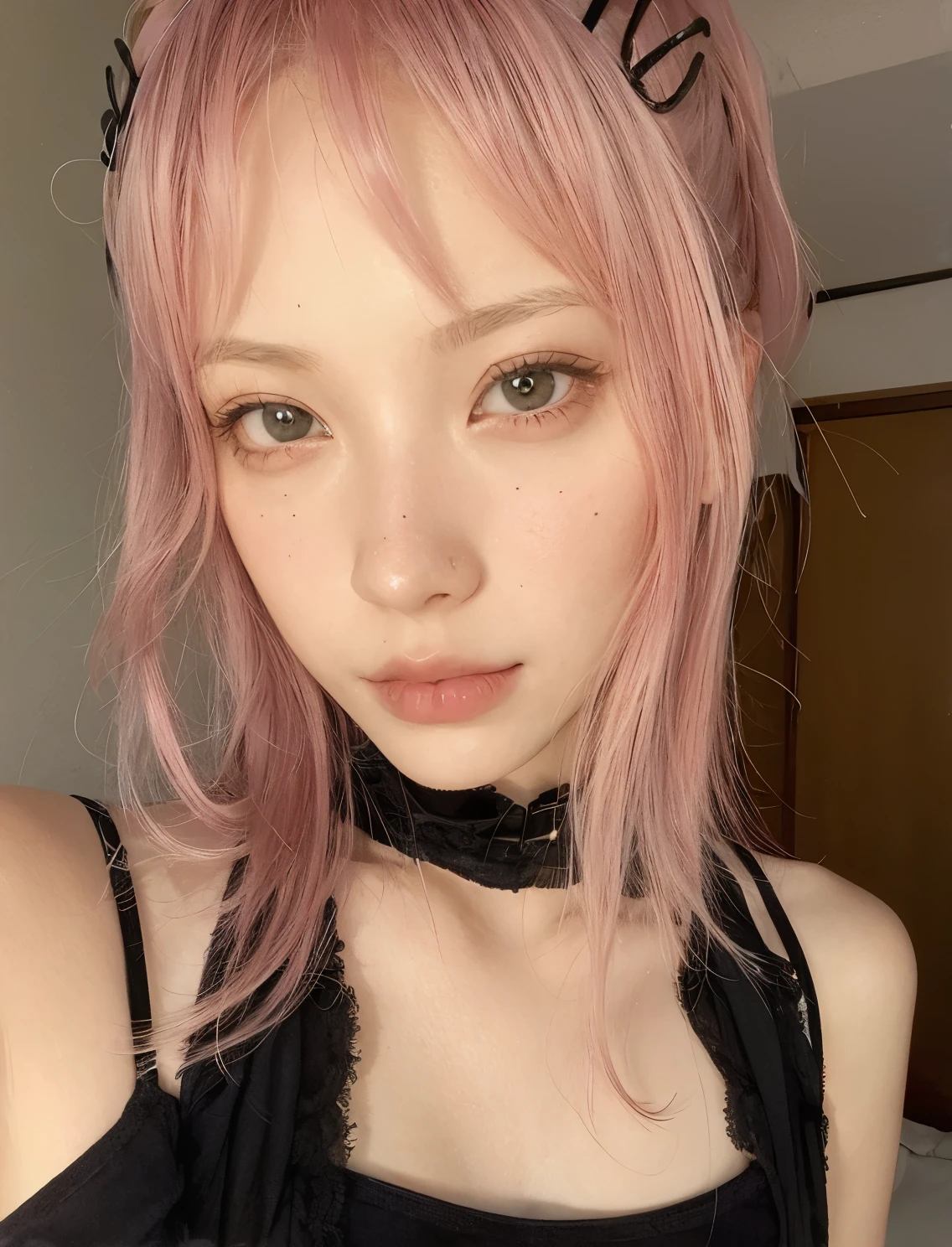 arafed girl con cabello rosado and a black top posing for a picture, con cabello rosado, Shikamimi, pale fair skin!!, Pelo rosa de cola doble y ojos cian, Junko Enoshima, pale porcelain white skin, El Corte Hime, Hermosa Delphine, pale, shiny skin, pale goth beauty, Brillantes ojos rosados, Chiho, Tono de piel rosa pastel